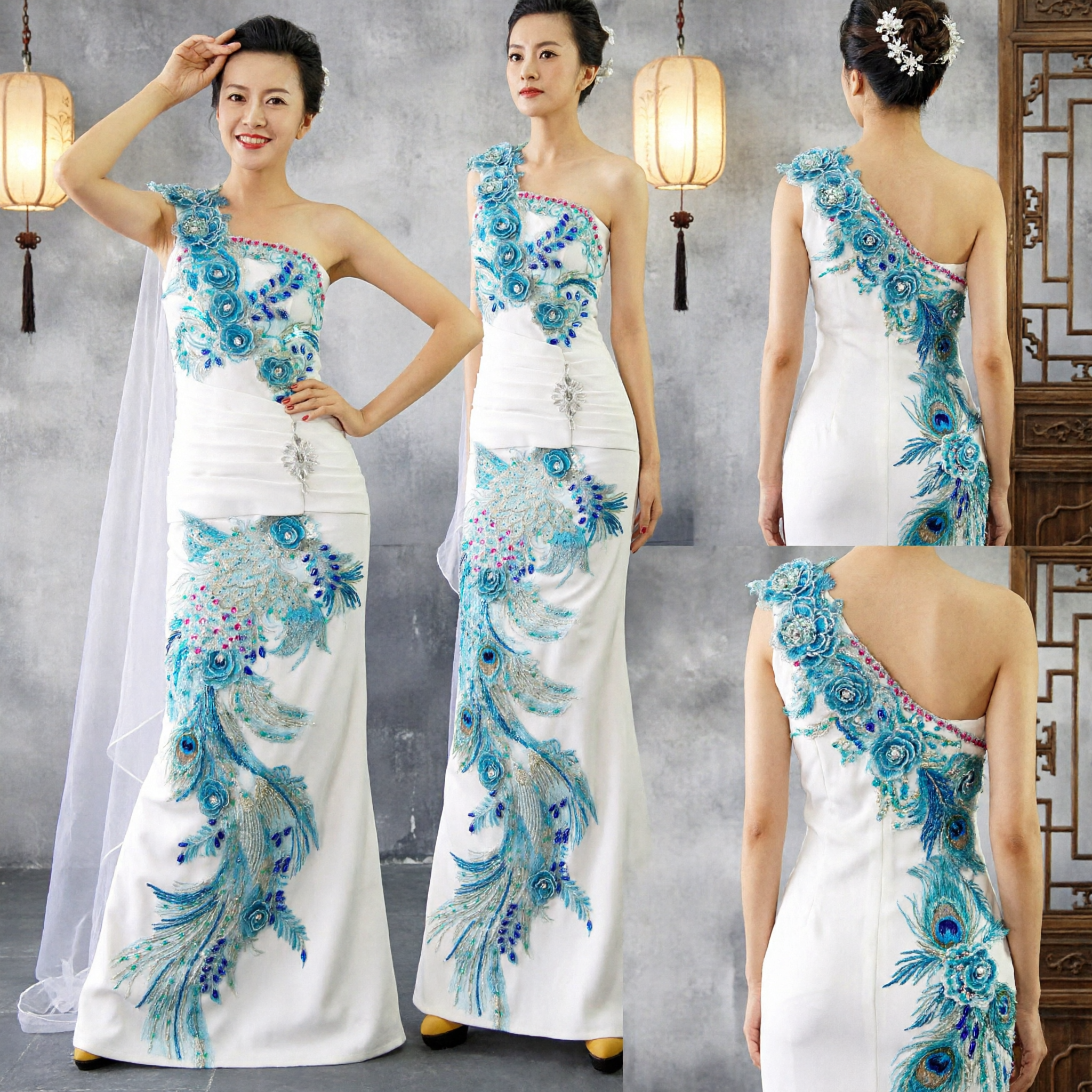 Women's White One-Shoulder Peacock Embroidery Cheongsam Dress Traditional Chinese Hostess Stage Performance Evening Gown