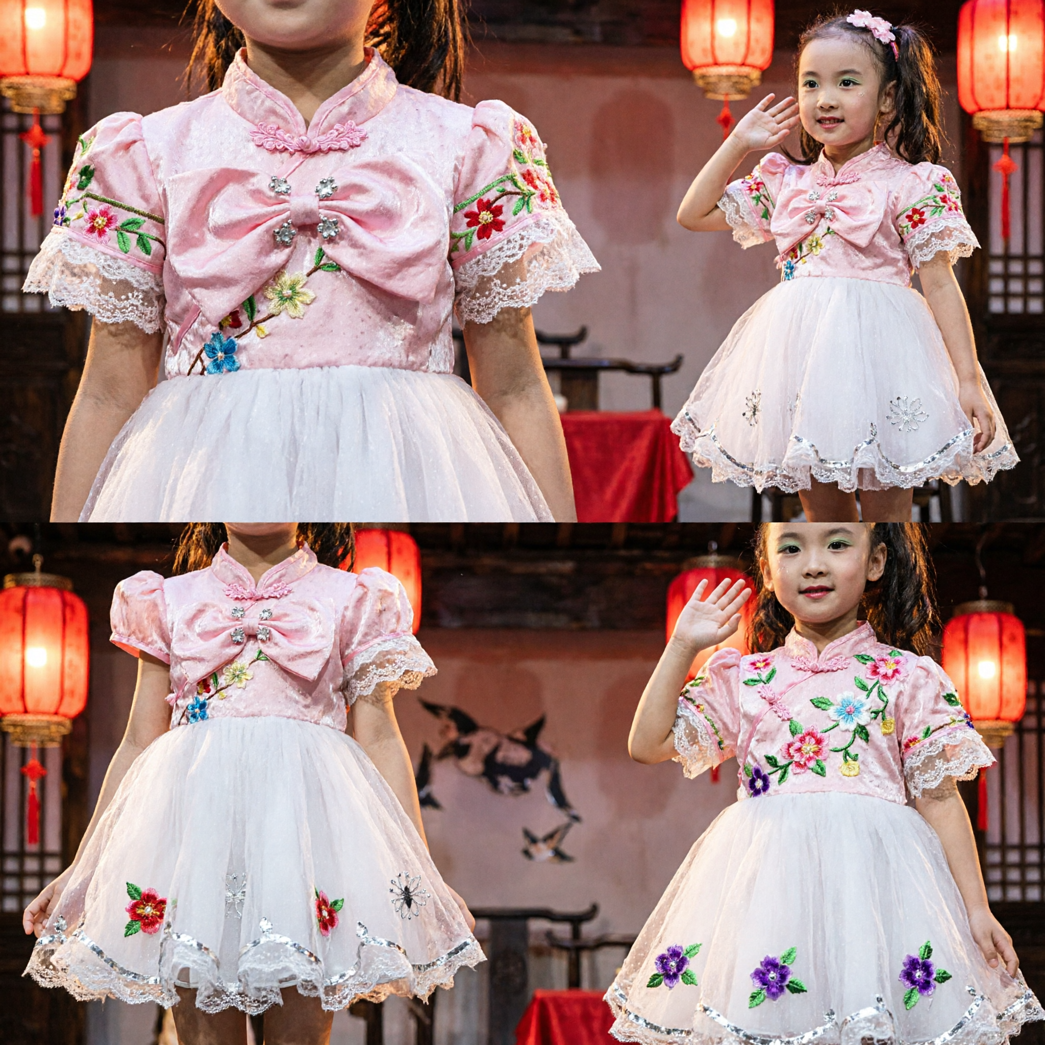 Girls Flower Dance Costume Pink Green Sleeves White Tutu Skirt Traditional Chinese Stage Performance Outfit