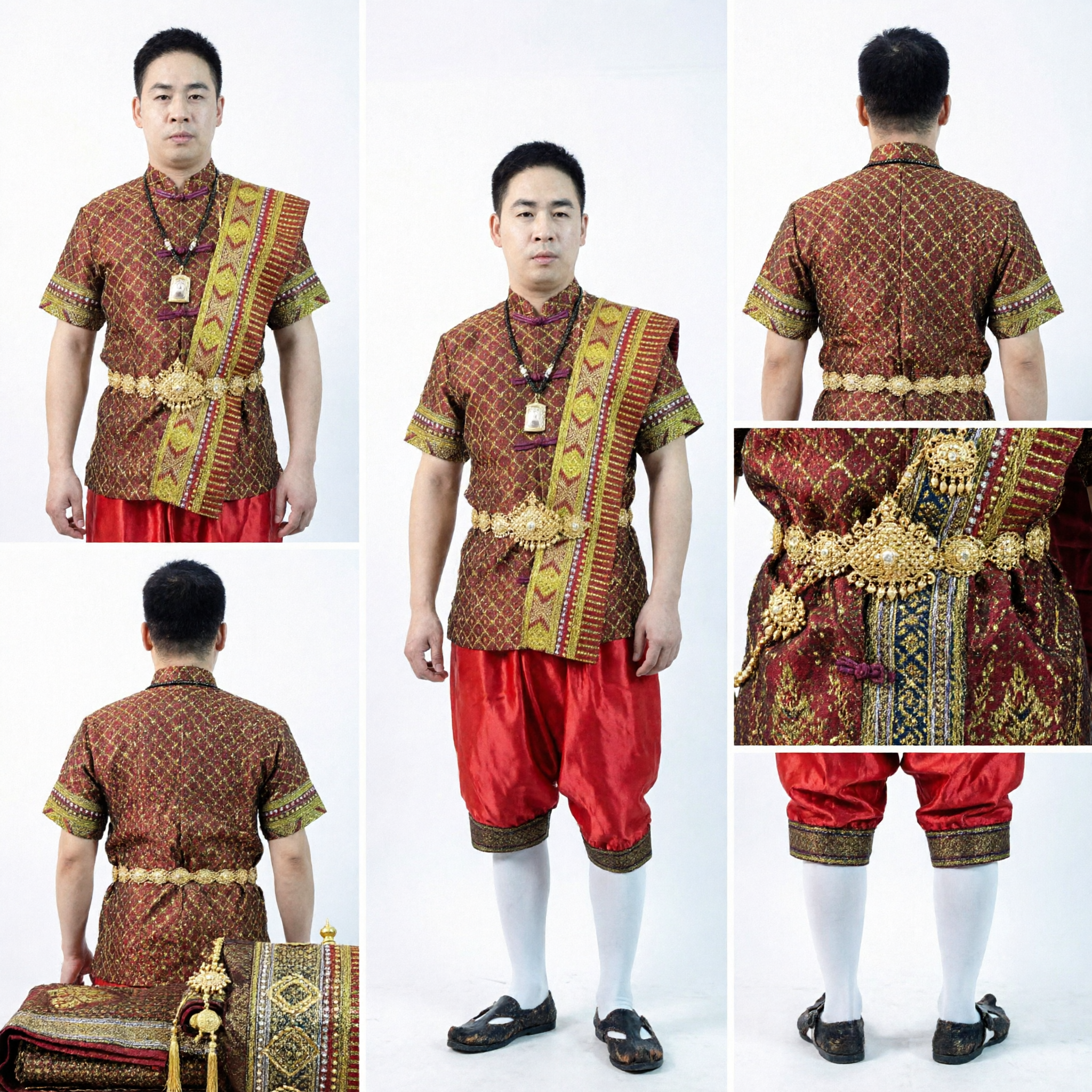Traditional Thai Men's Costume Set Gold Geometric Pattern Shirt and Red Pants for Cultural Festivals