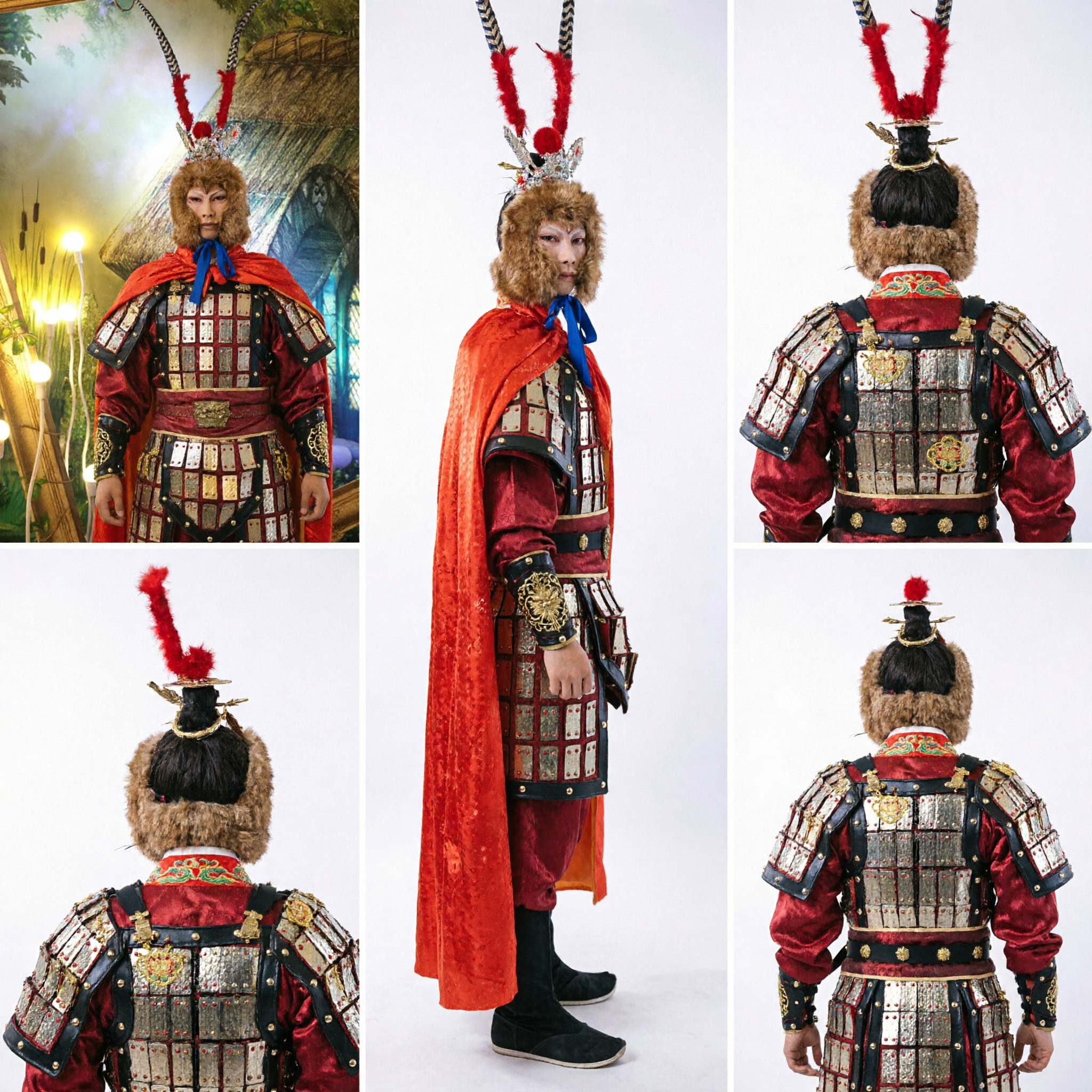 Journey to the West Sun Wukong Monkey King Cosplay Costume with Traditional Armor and Red Cape for Adults