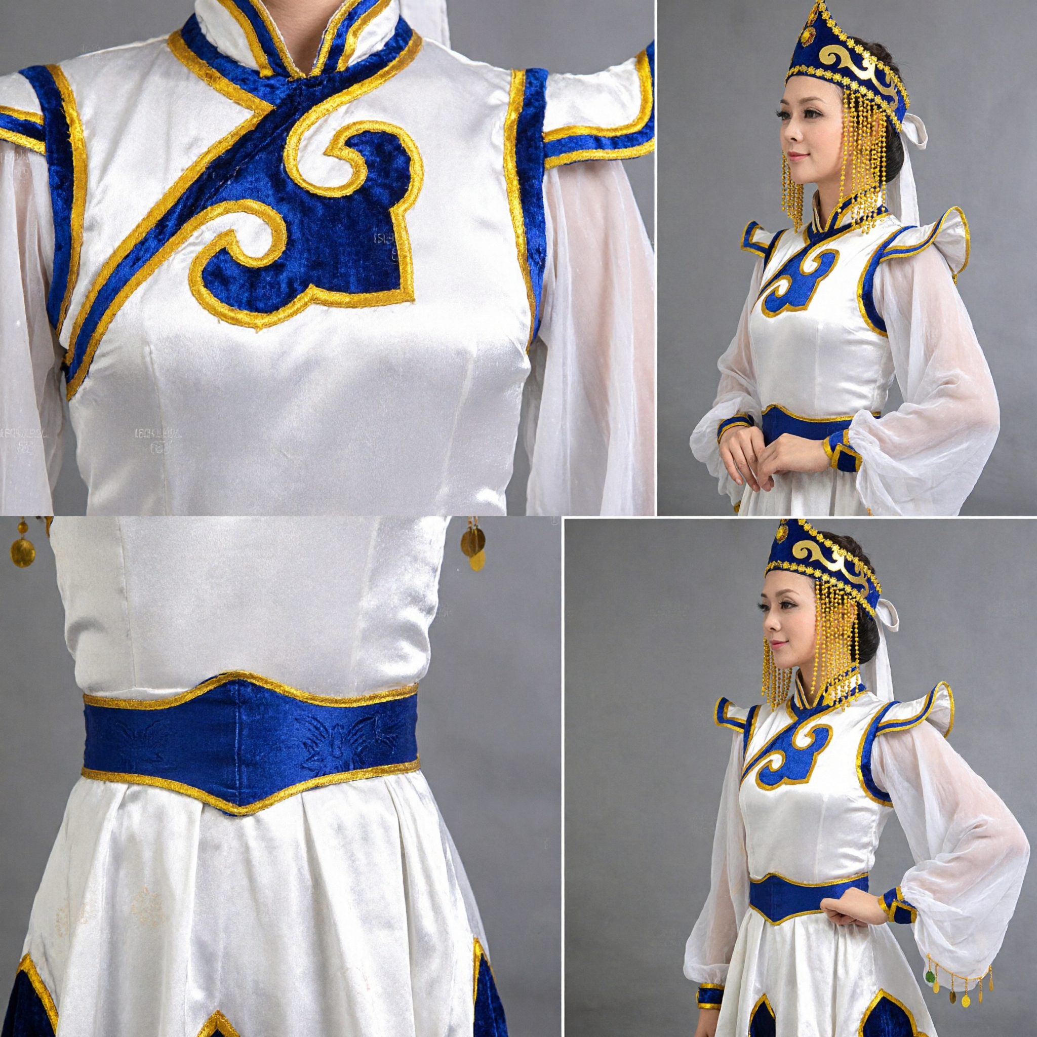 Traditional Mongolian Folk Dance Costume for Women Blue and White Ethnic Minority Performance Dress with Beaded Headdress