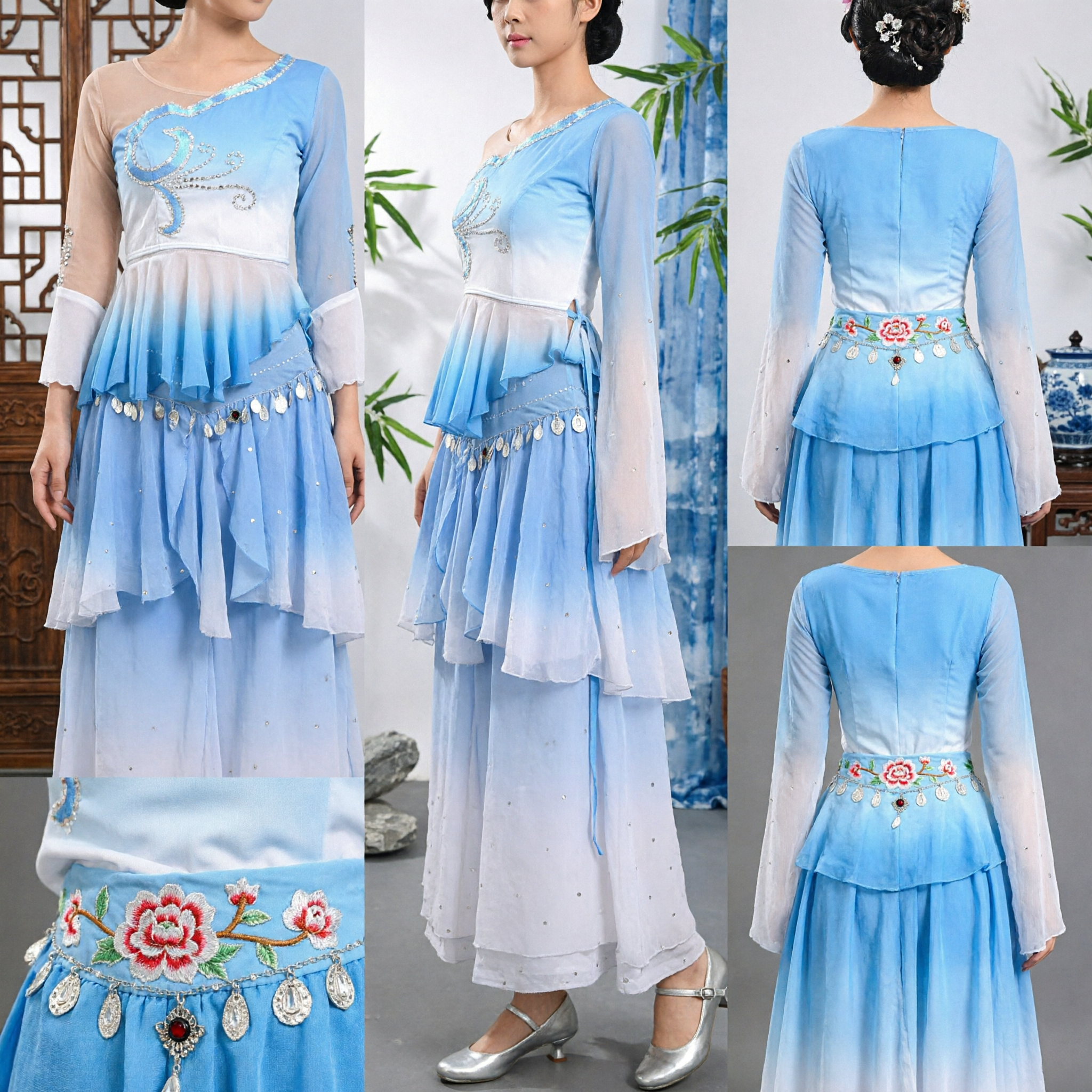Blue Gradient Chinese Classical Folk Dance Costume Traditional Yangko Performance Dress for Women Stage Show