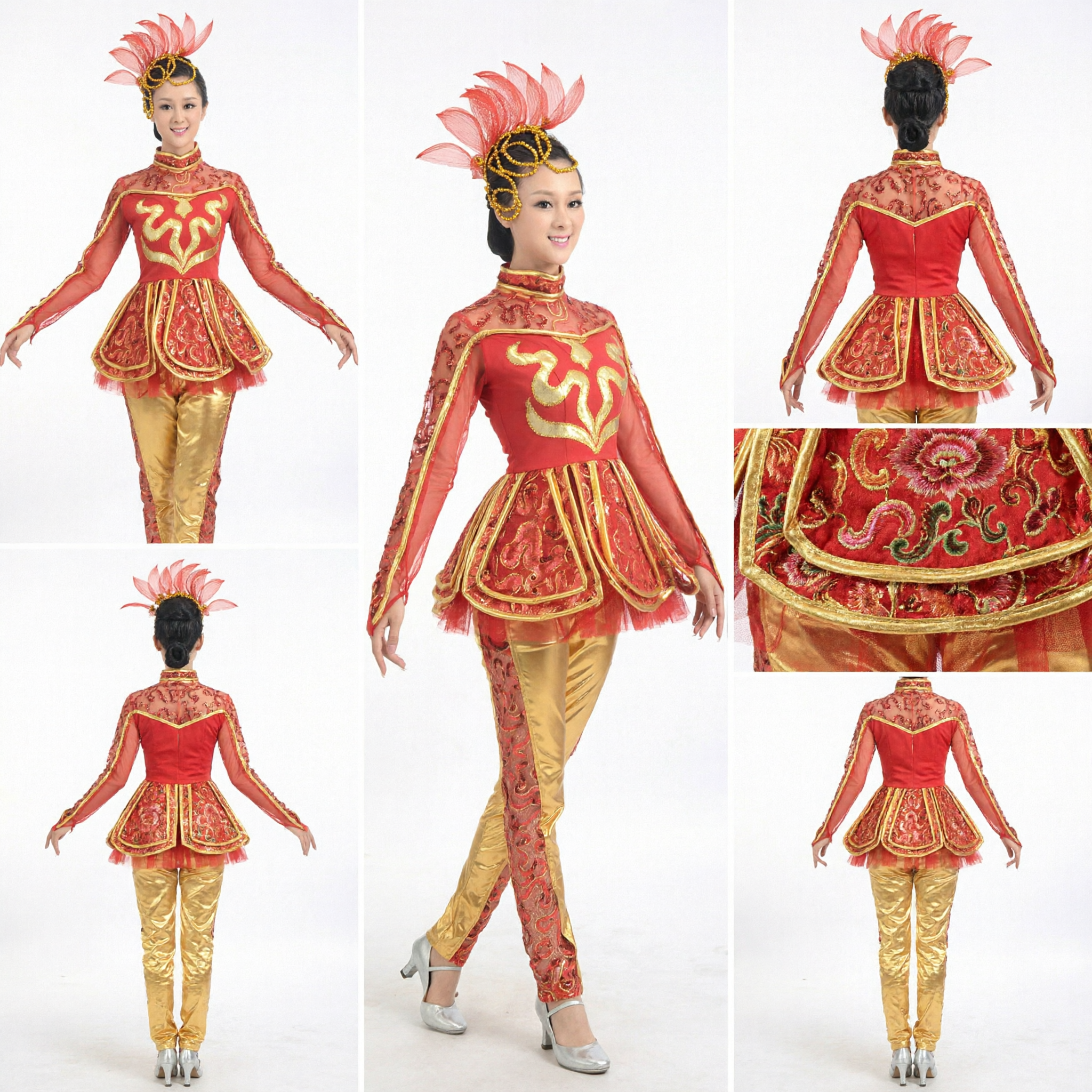 Women's Red and Gold Chinese Traditional Dance Costume Yangge Fan Dance Stage Performance Outfit with Headpiece