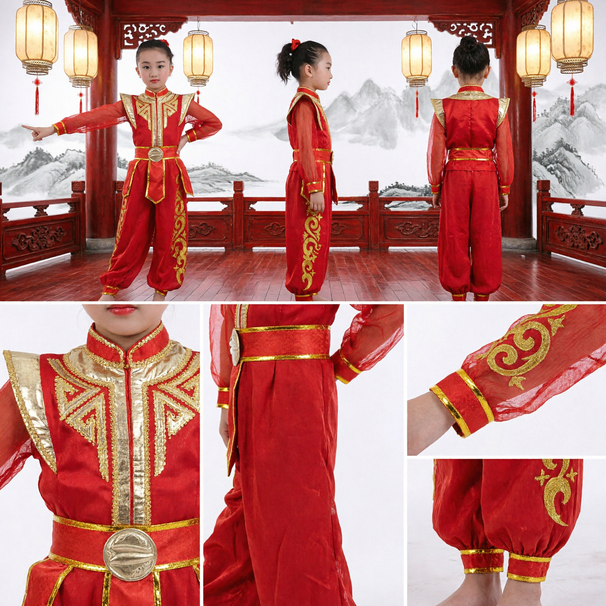 Red Traditional Chinese Kung Fu Costume for Girls Kids Wushu Martial Arts Dance Stage Performance Outfit
