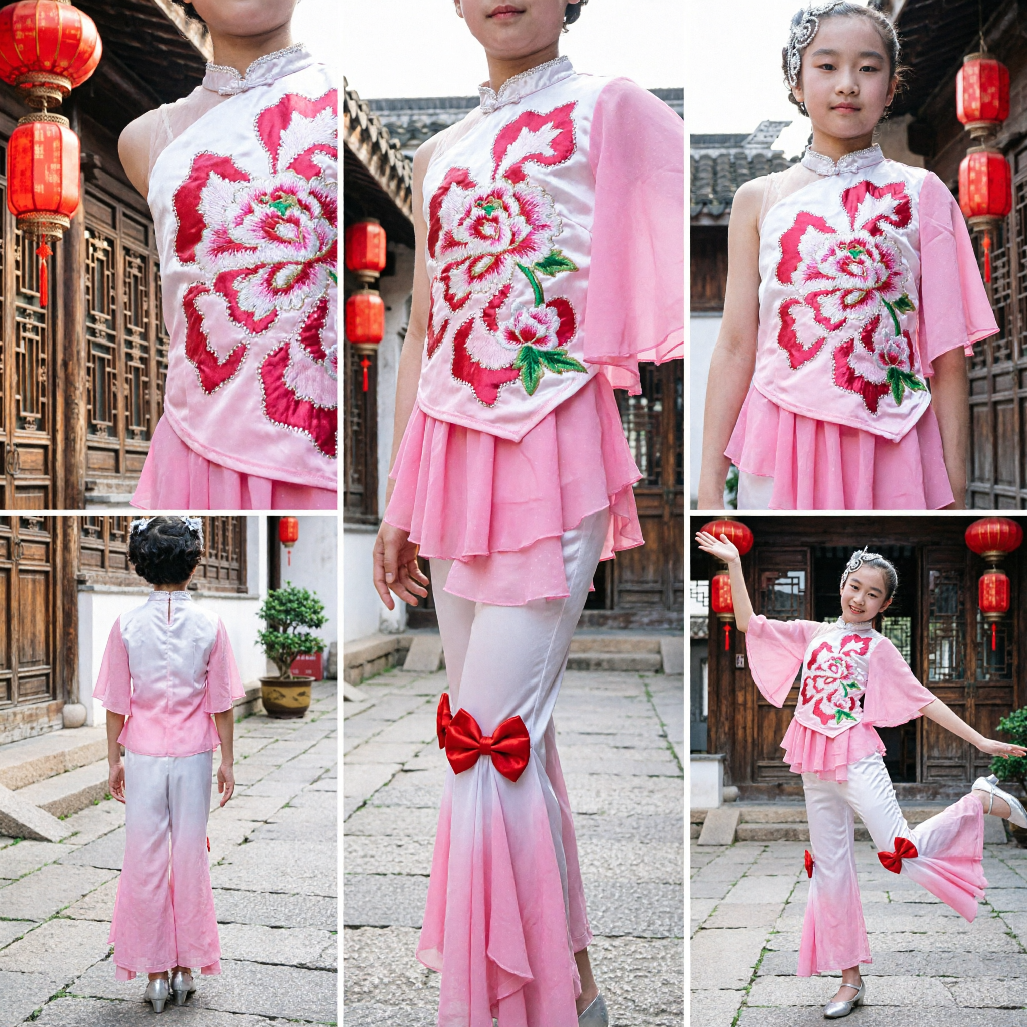Girls Pink and White Chinese Folk Dance Costume Traditional Yangge Fan Dress Stage Performance Outfit for Kids