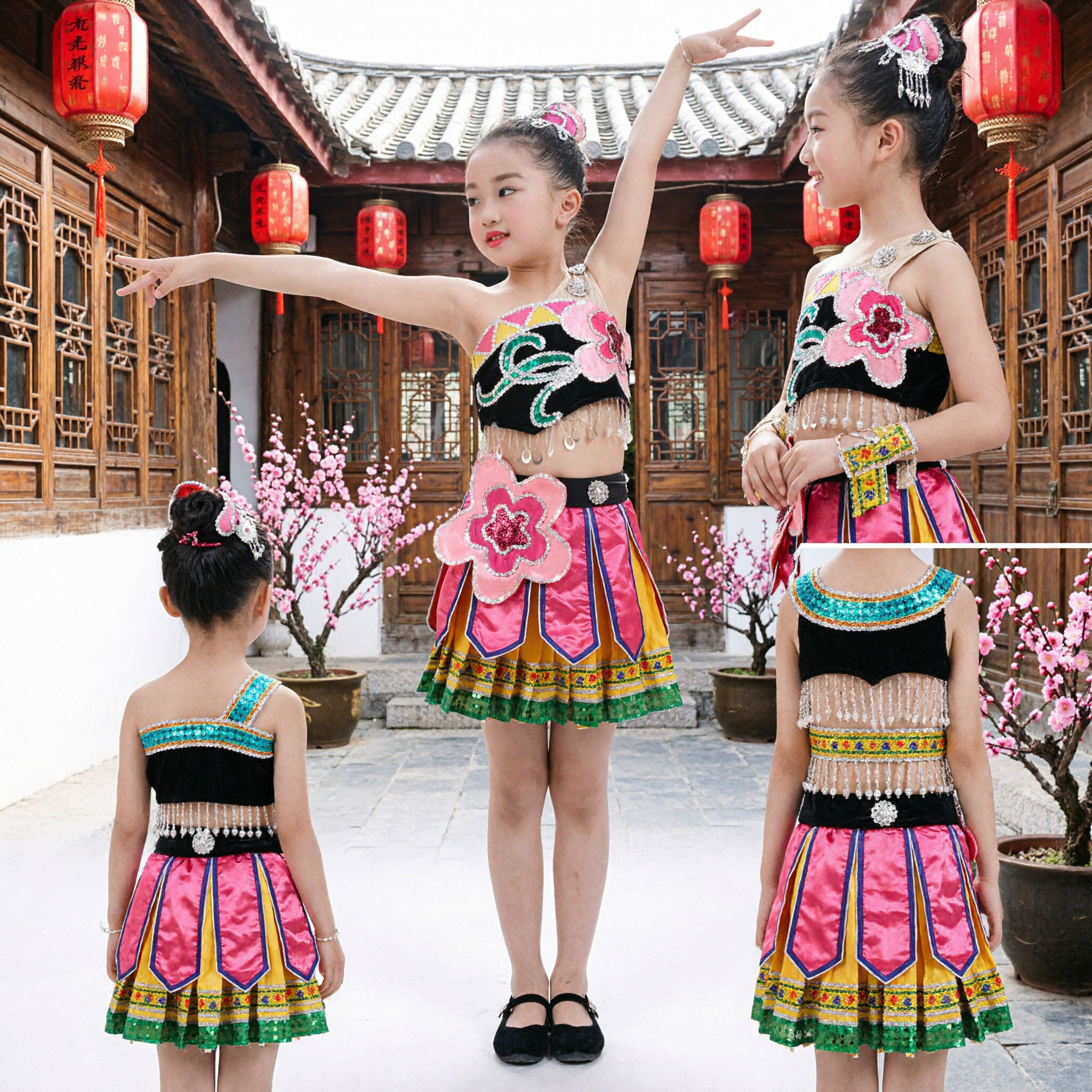 Kids Chinese Ethnic Dance Costume Girls Traditional Minority Stage Performance Dress Colorful Outfit