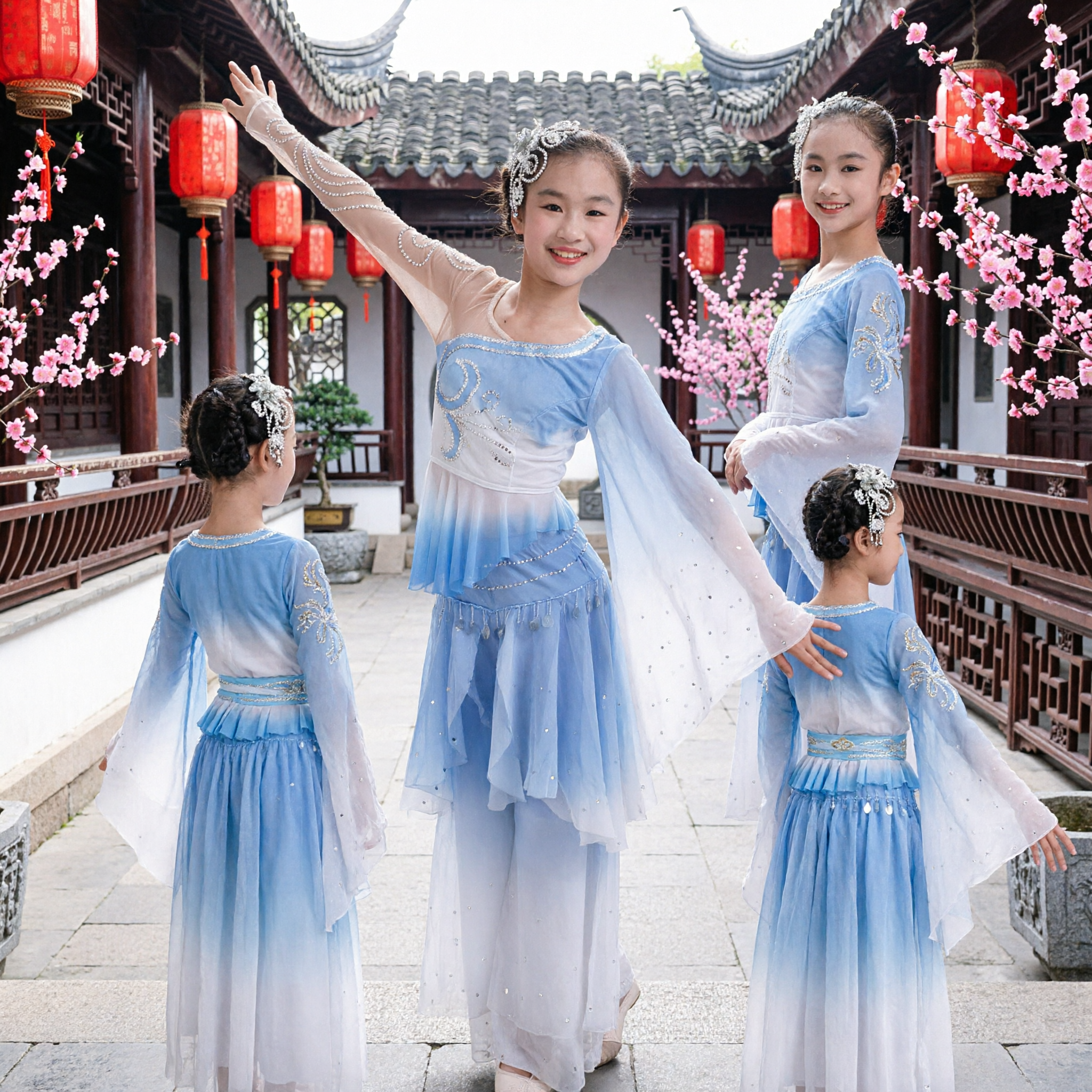 Girls Blue Gradient Chinese Classical Dance Costume Lyrical Performance Outfit for Kids Stage Show