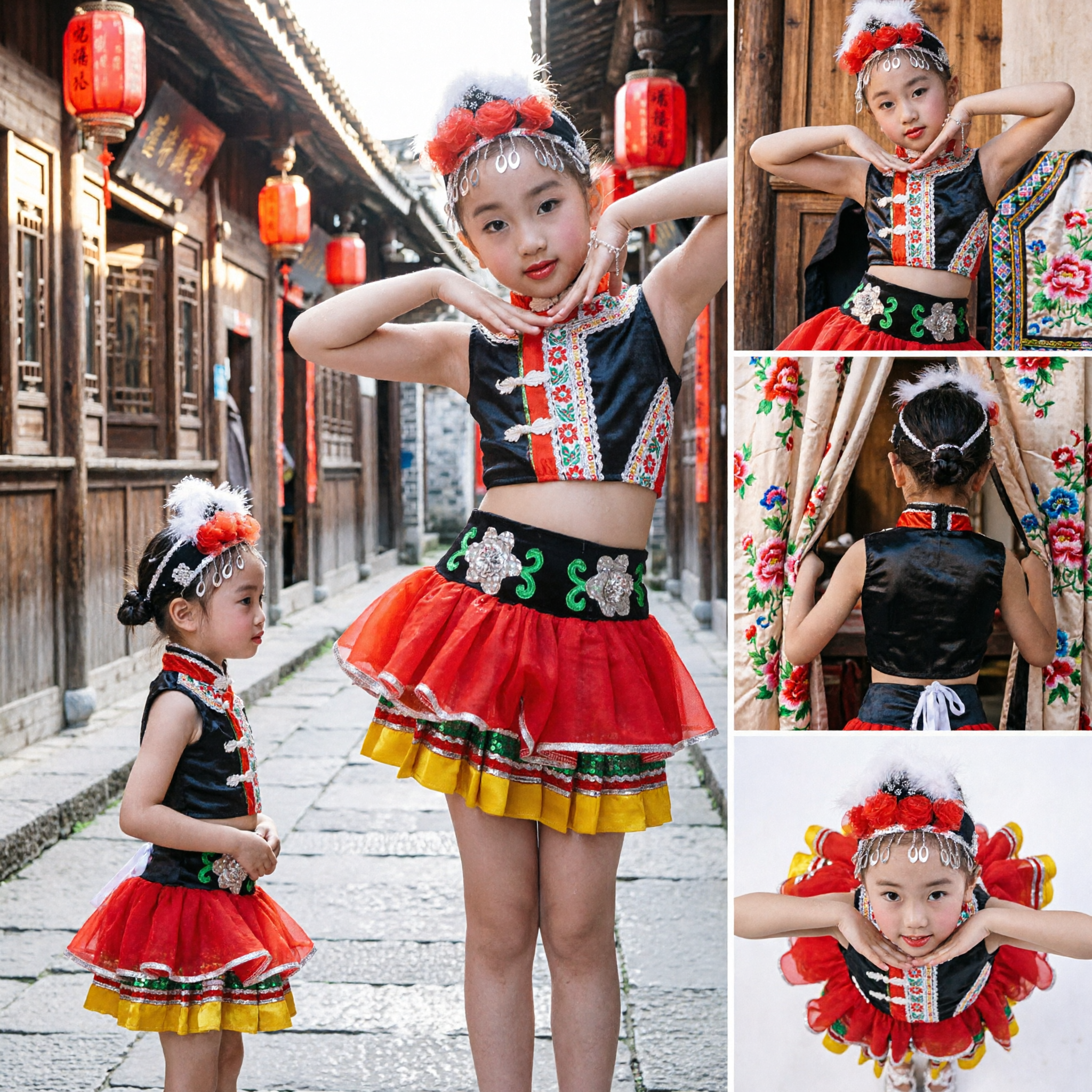 Kids Chinese Ethnic Miao Minority Dance Costume Girls Folk Stage Performance Outfit Set with Headpiece