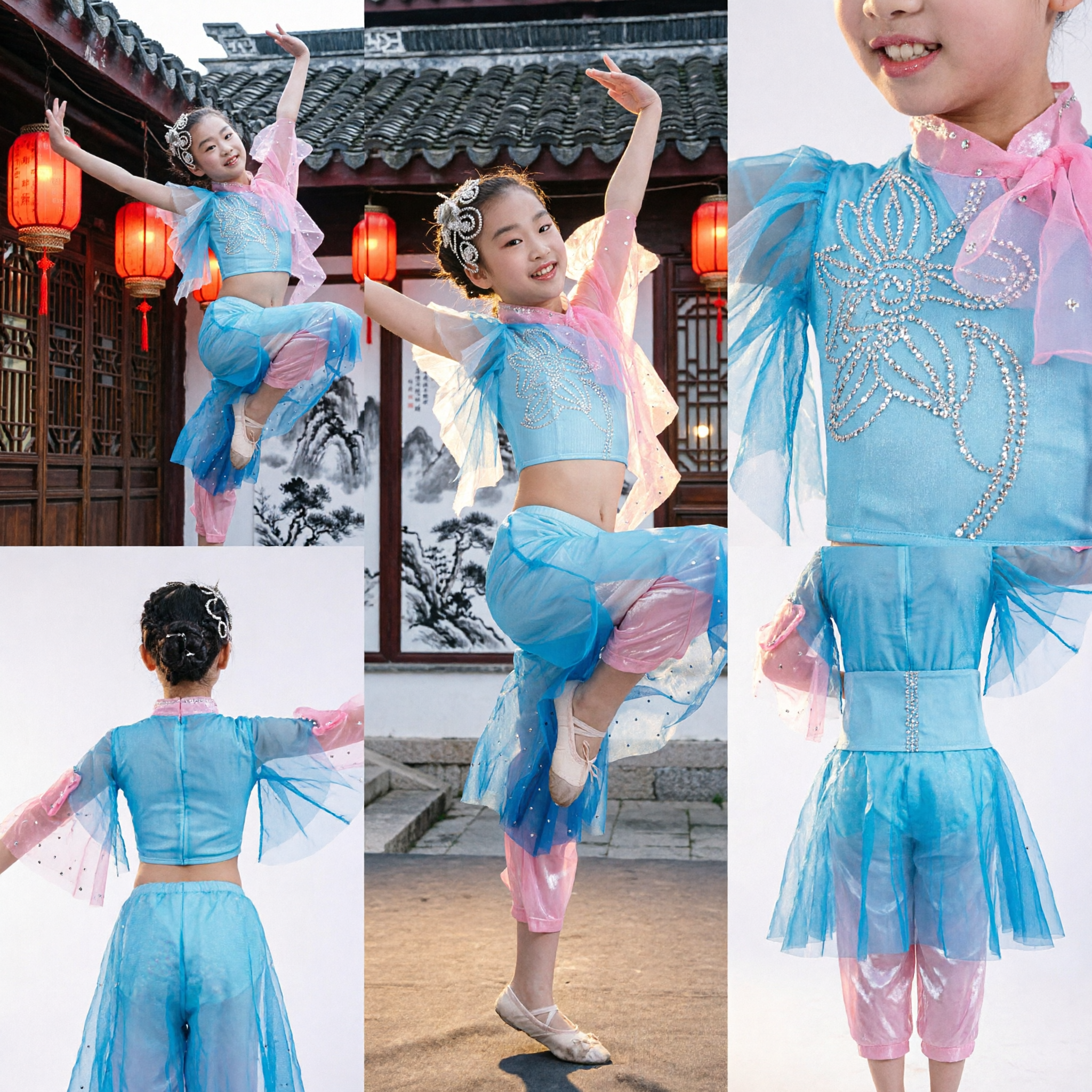 Girls Traditional Chinese Dance Costume Blue Pink Folk Dance Performance Outfit for Kids Stage Show