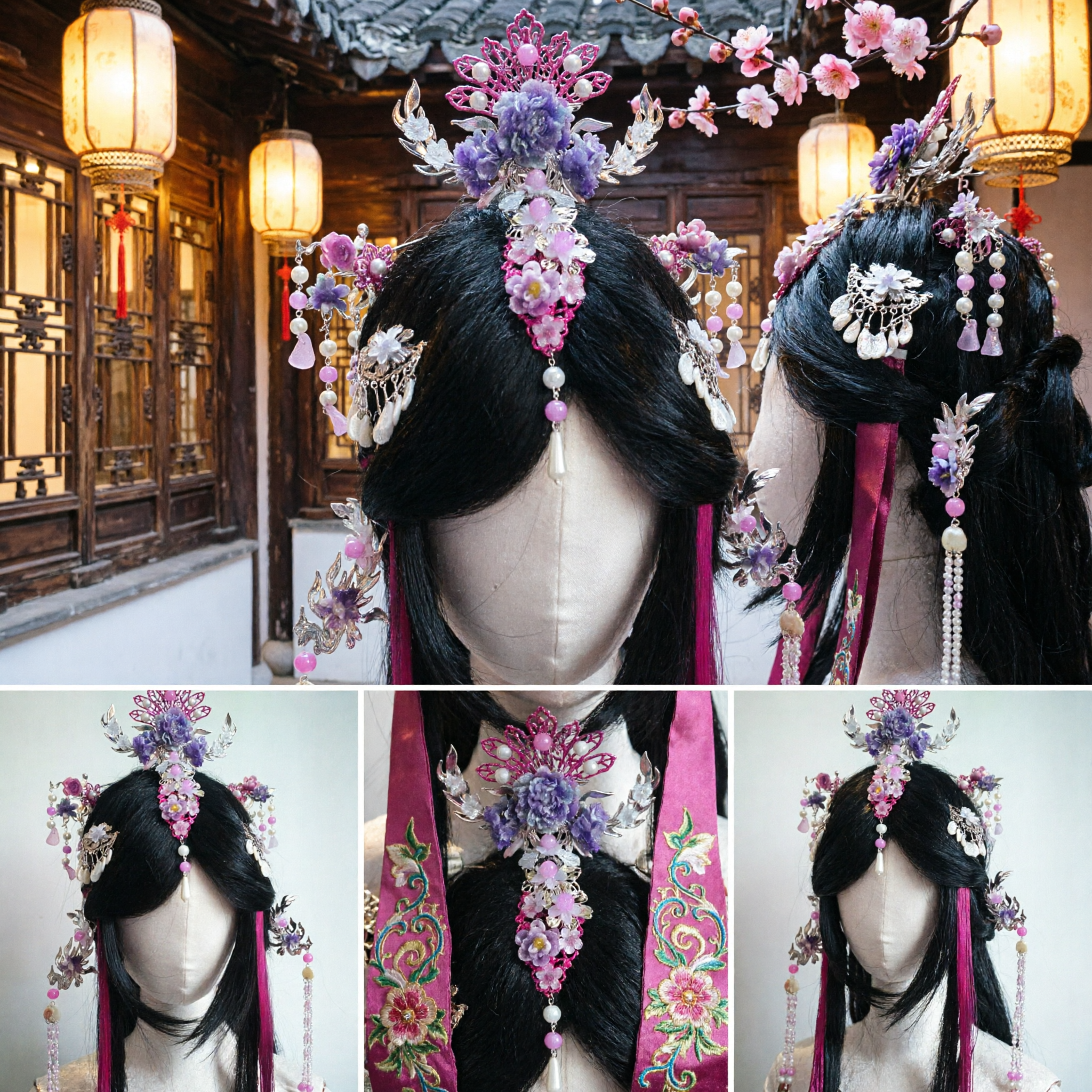 Elegant Purple Flower Phoenix Crown Hair Accessories Traditional Chinese Hanfu Headwear for Women