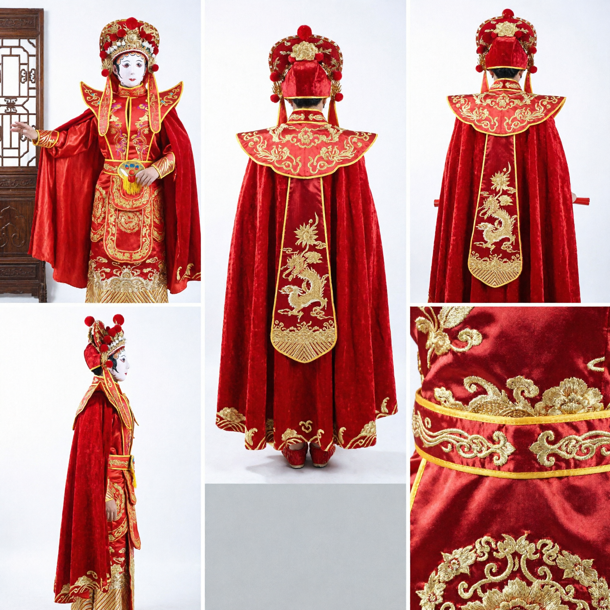 Traditional Chinese Opera Costume Red General Warrior Robe with Headdress for Stage Performance and Cosplay