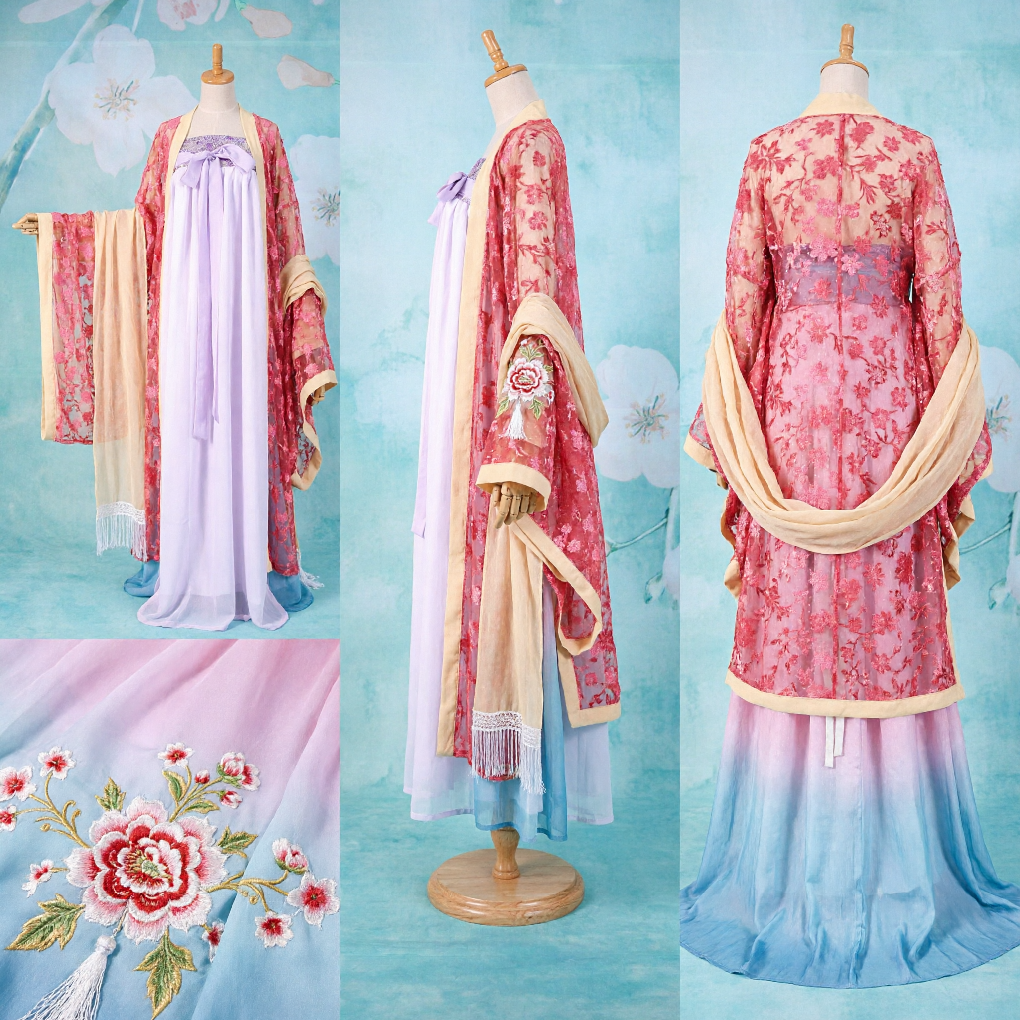 Traditional Chinese Hanfu Ancient Costume Tang Dynasty Fairy Dress Purple Gown with Pink Floral Cloak for Women