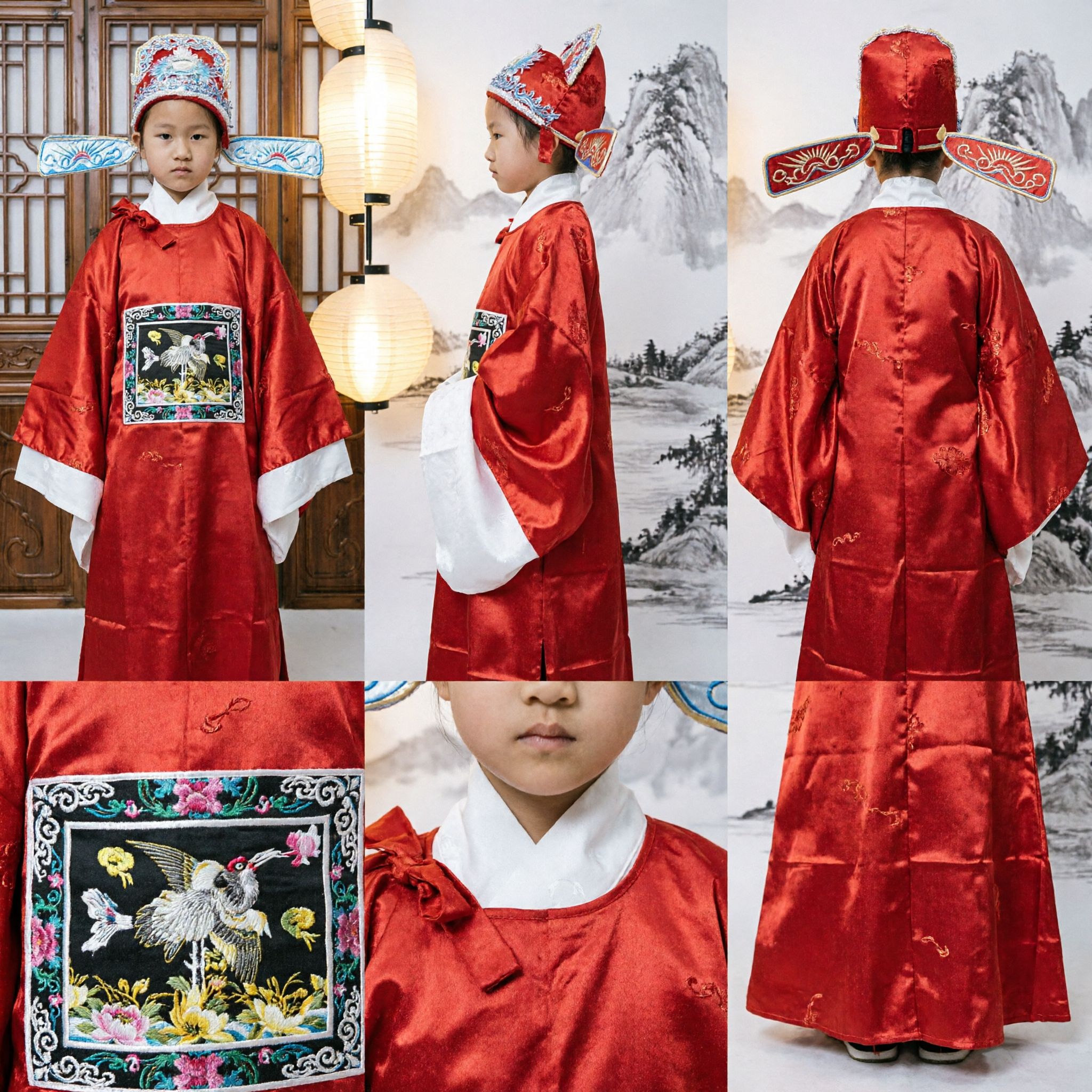 Traditional Chinese Ancient Scholar Costume for Kids Boys Red Robe Official Hat Set Performance Outfit