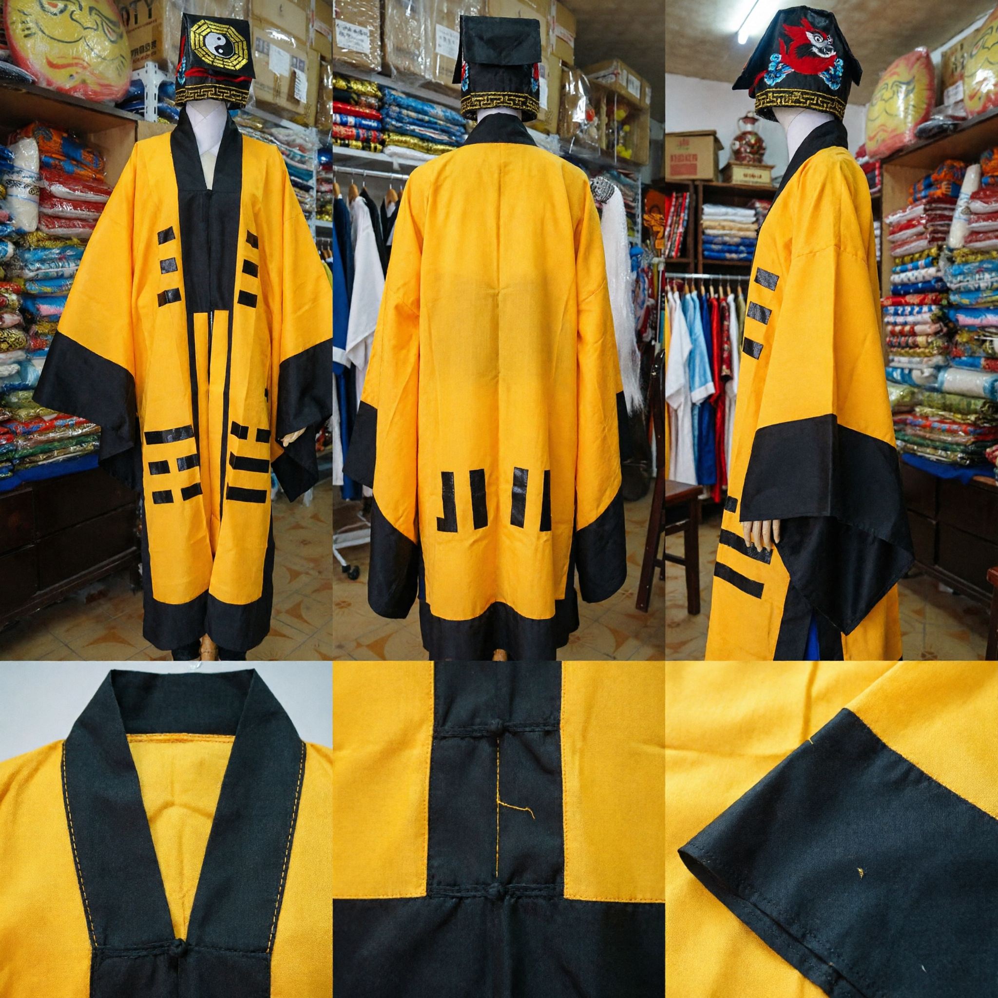 Traditional Chinese Taoist Priest Yellow Robe Costume Set with Bagua Hat for Men Rituals Performances