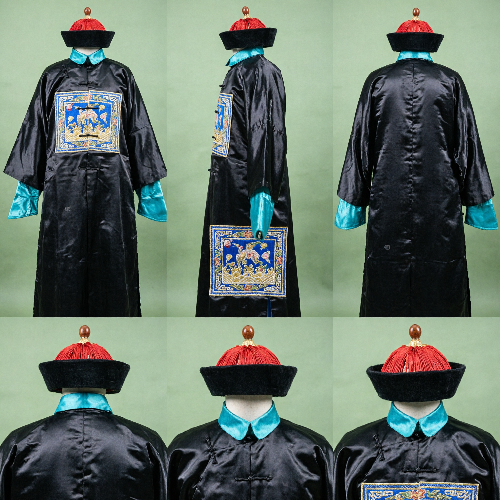 Qing Dynasty Official Robe Traditional Chinese Costume Black Mandarin Square Outfit with Hat for Men