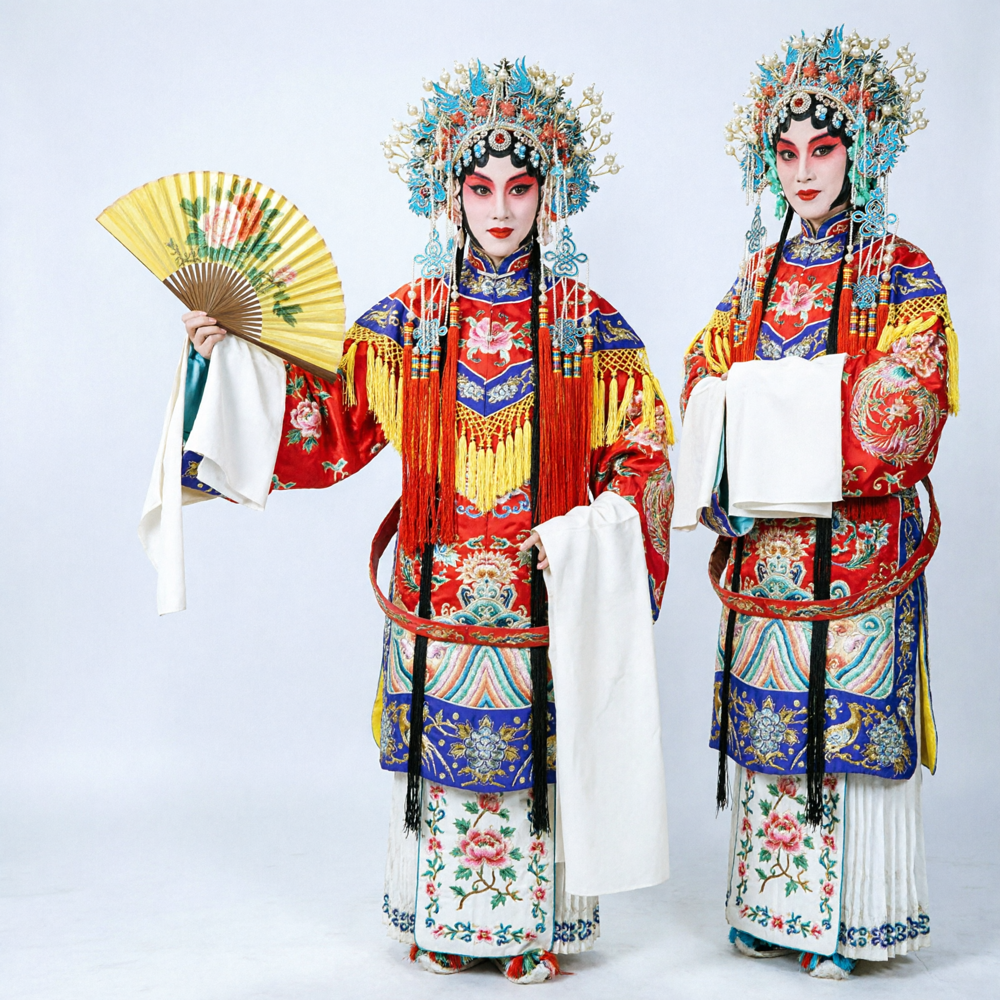 Traditional Chinese Peking Opera Costume Complete Set with Embroidered Robe Phoenix Headdress and Fan for Performance