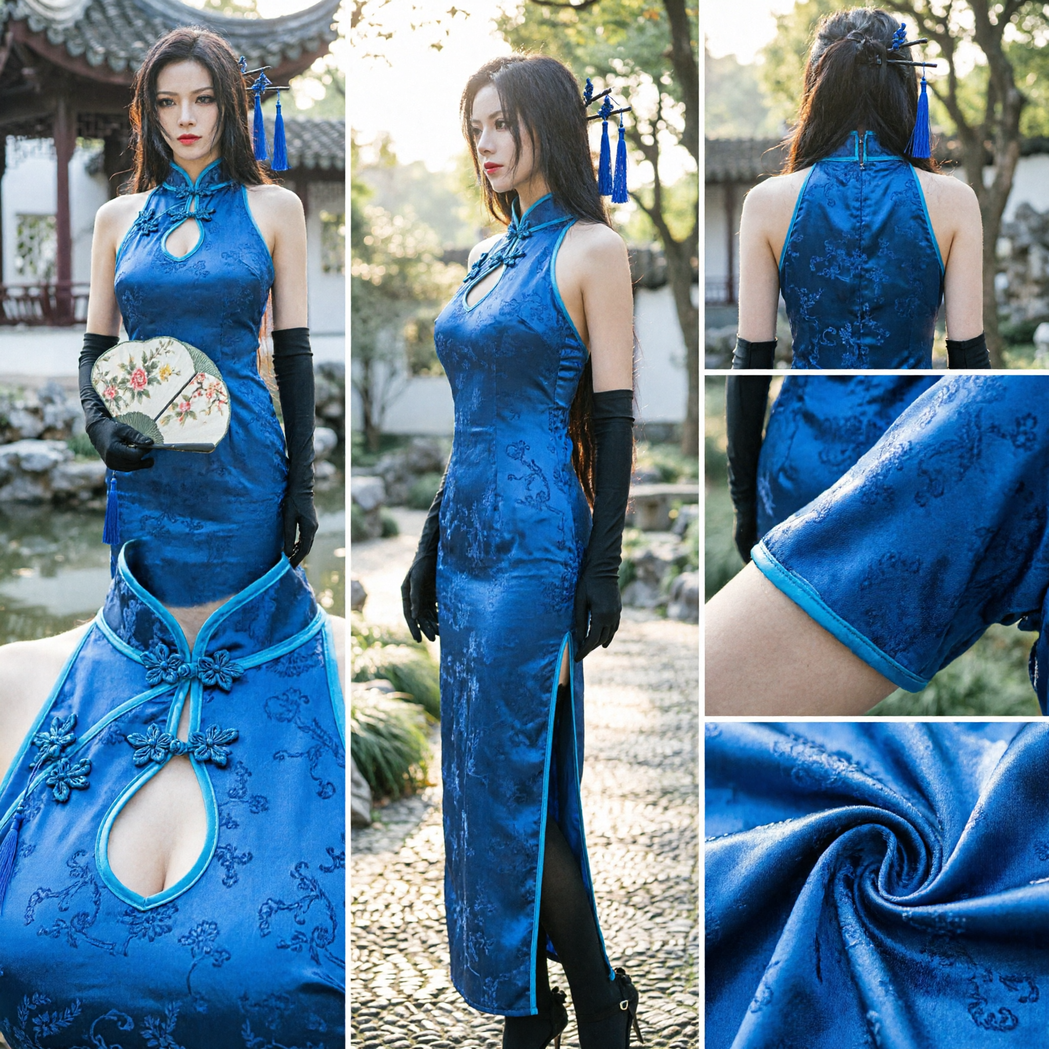 Women's Blue Traditional Chinese Cheongsam Qipao Dress Sleeveless Mandarin Collar Side Slit Costume for Cosplay Parties