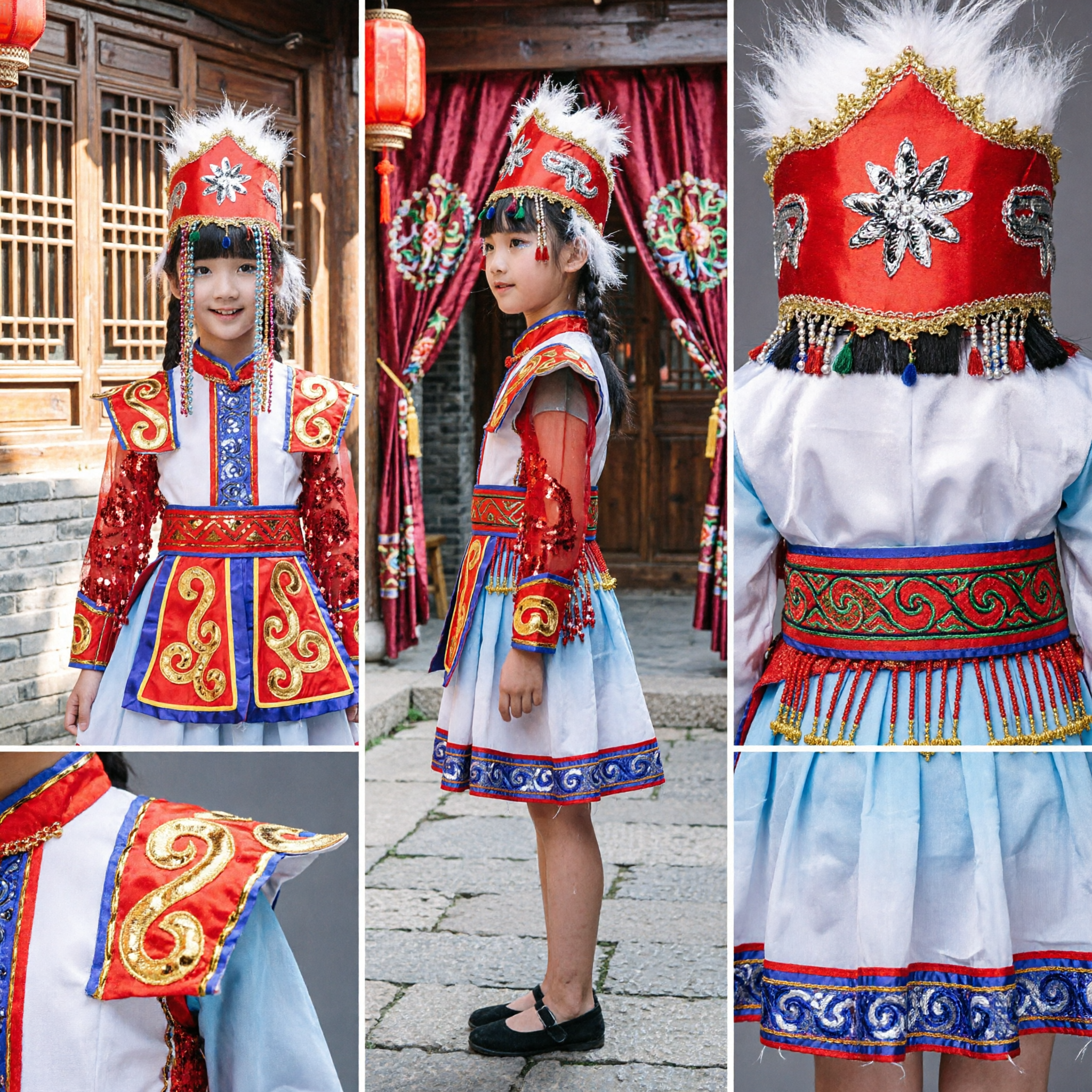 Kids Traditional Mongolian Dance Costume Chinese Ethnic Stage Performance Dress for Girls Red Sequined Outfit