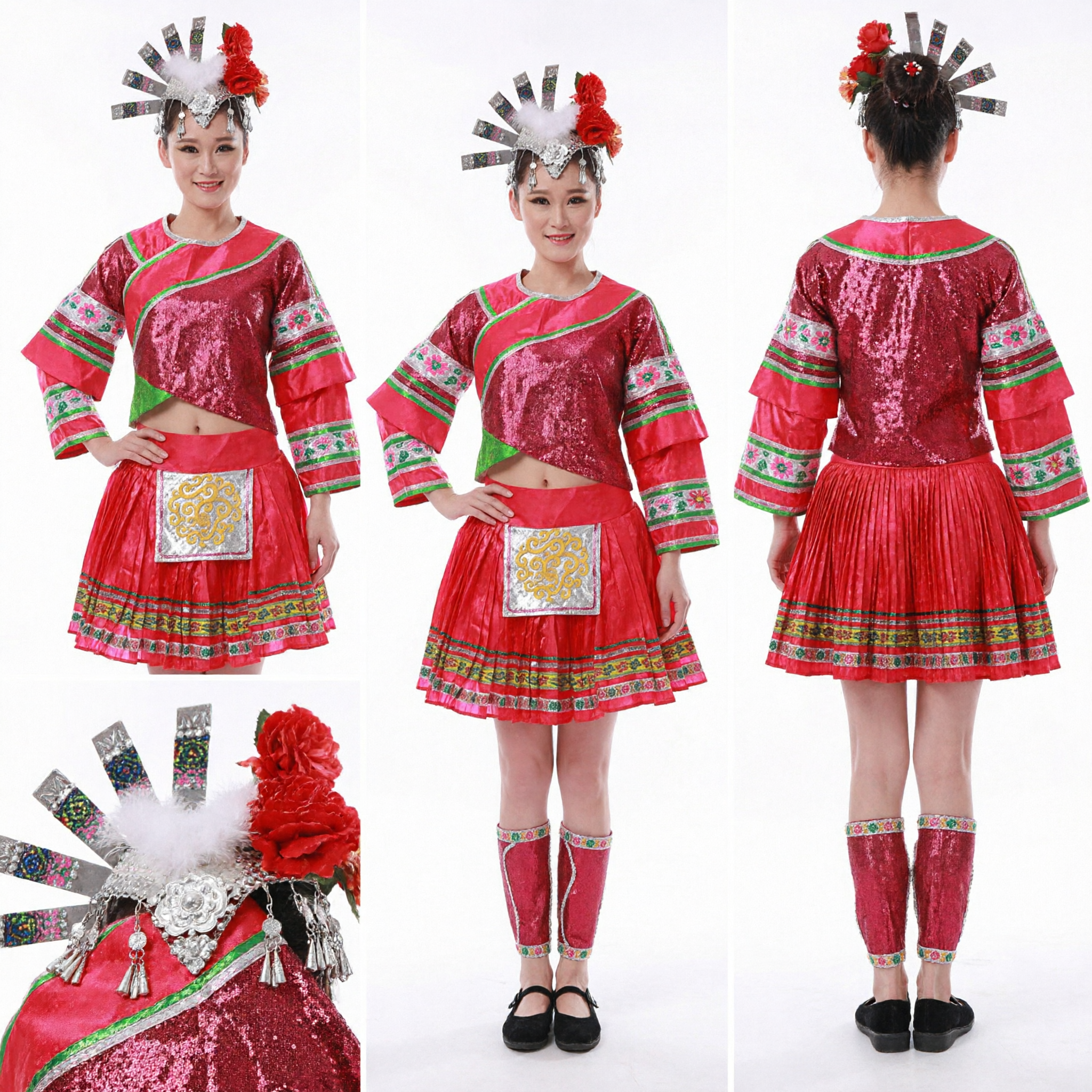 Bright Pink Chinese Ethnic Miao Minority Folk Dance Costume Traditional Stage Performance Outfit for Women