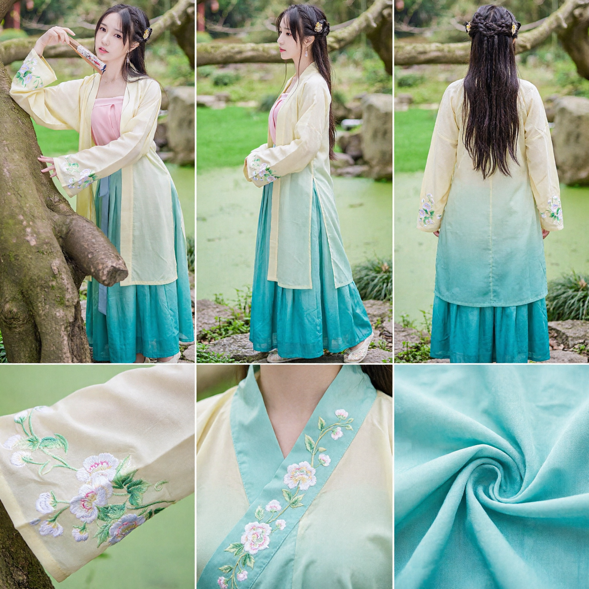 Women's Traditional Chinese Hanfu Costume Yellow Embroidered Robe Pink Inner Top Green Skirt Ancient Fashion Dress