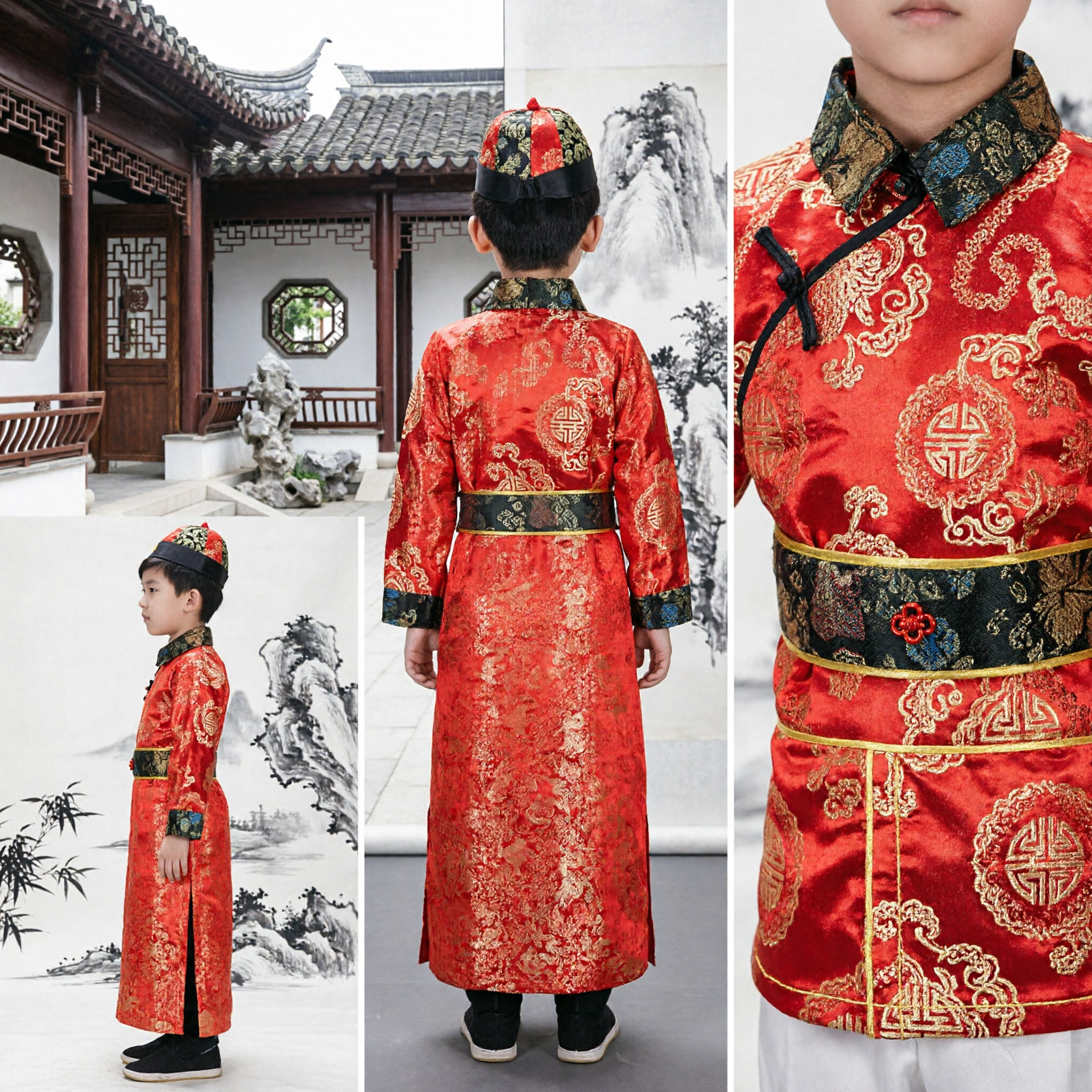 Boys Traditional Chinese Tang Suit Red Gold Dragon Robe Costume for Wedding New Year Festival