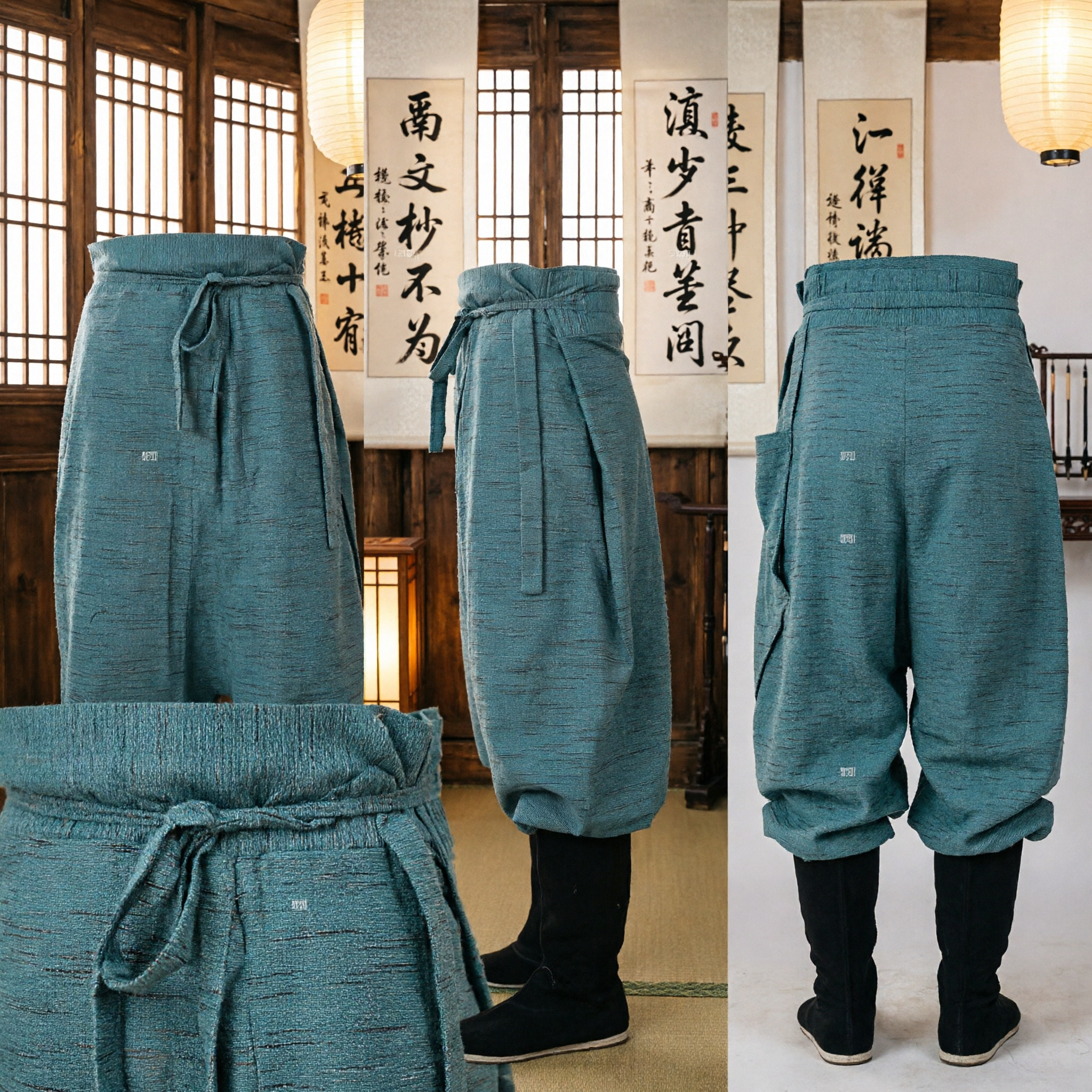 Traditional Chinese Martial Arts Pants Teal Linen Kung Fu Tai Chi Uniform Bottoms for Men and Women