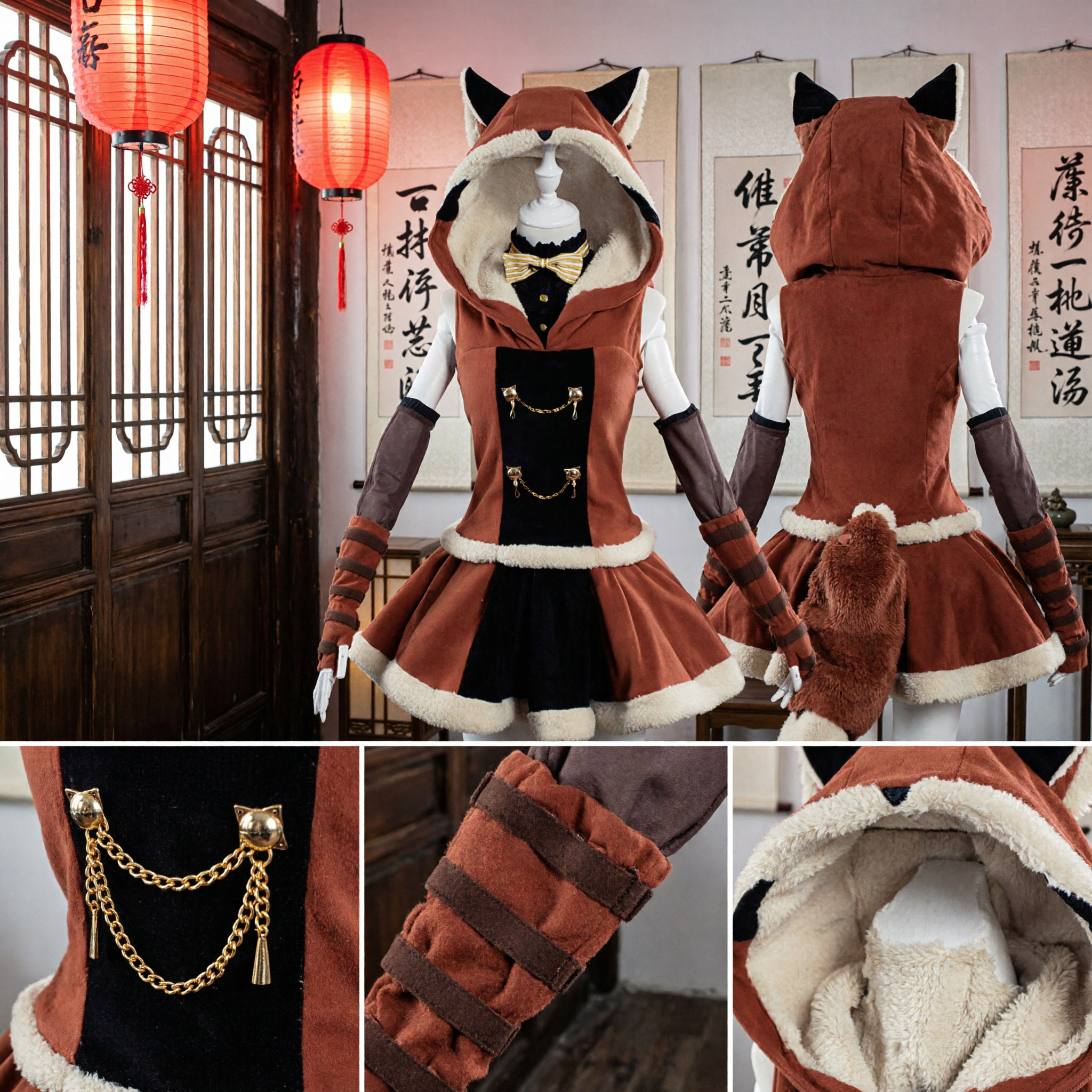 Anime Fox Girl Maid Cosplay Costume Brown Hooded Dress with Ears Full Set for Women Halloween