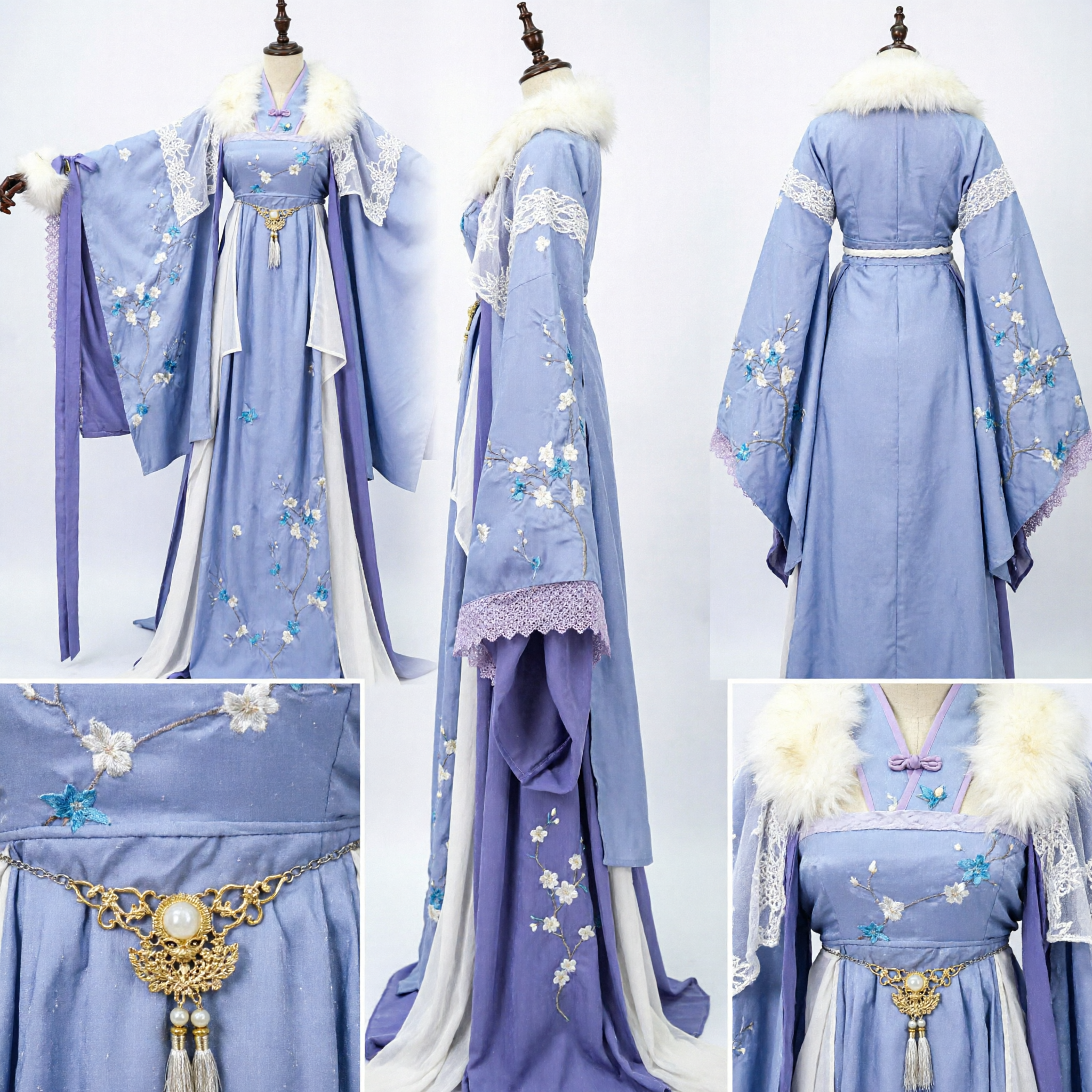 Women's Traditional Chinese Hanfu Winter Costume Purple Embroidered Dress with White Fur Trim for Cosplay