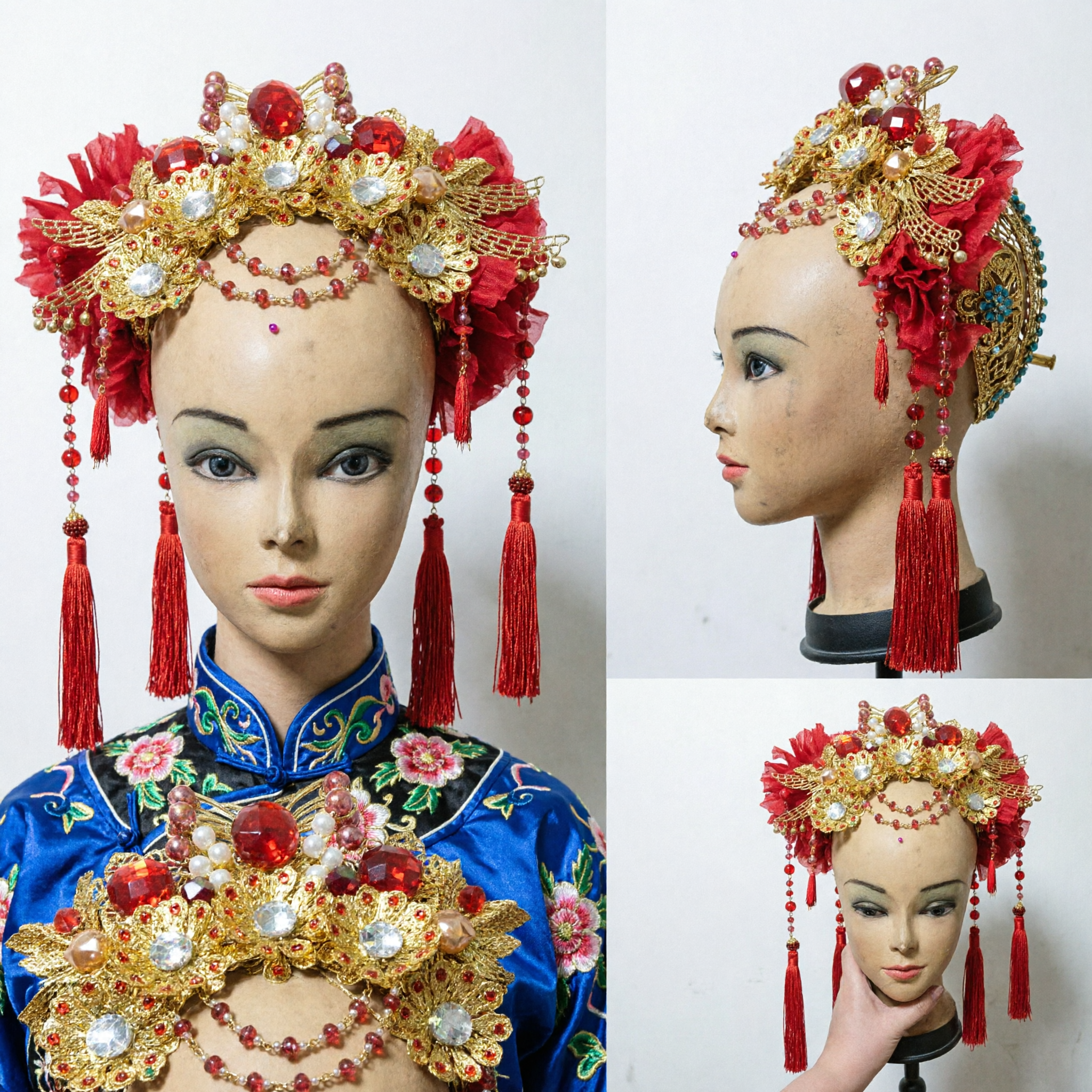 Traditional Chinese Phoenix Crown Gold Headpiece with Red Gems and Tassels for Wedding Hanfu Opera