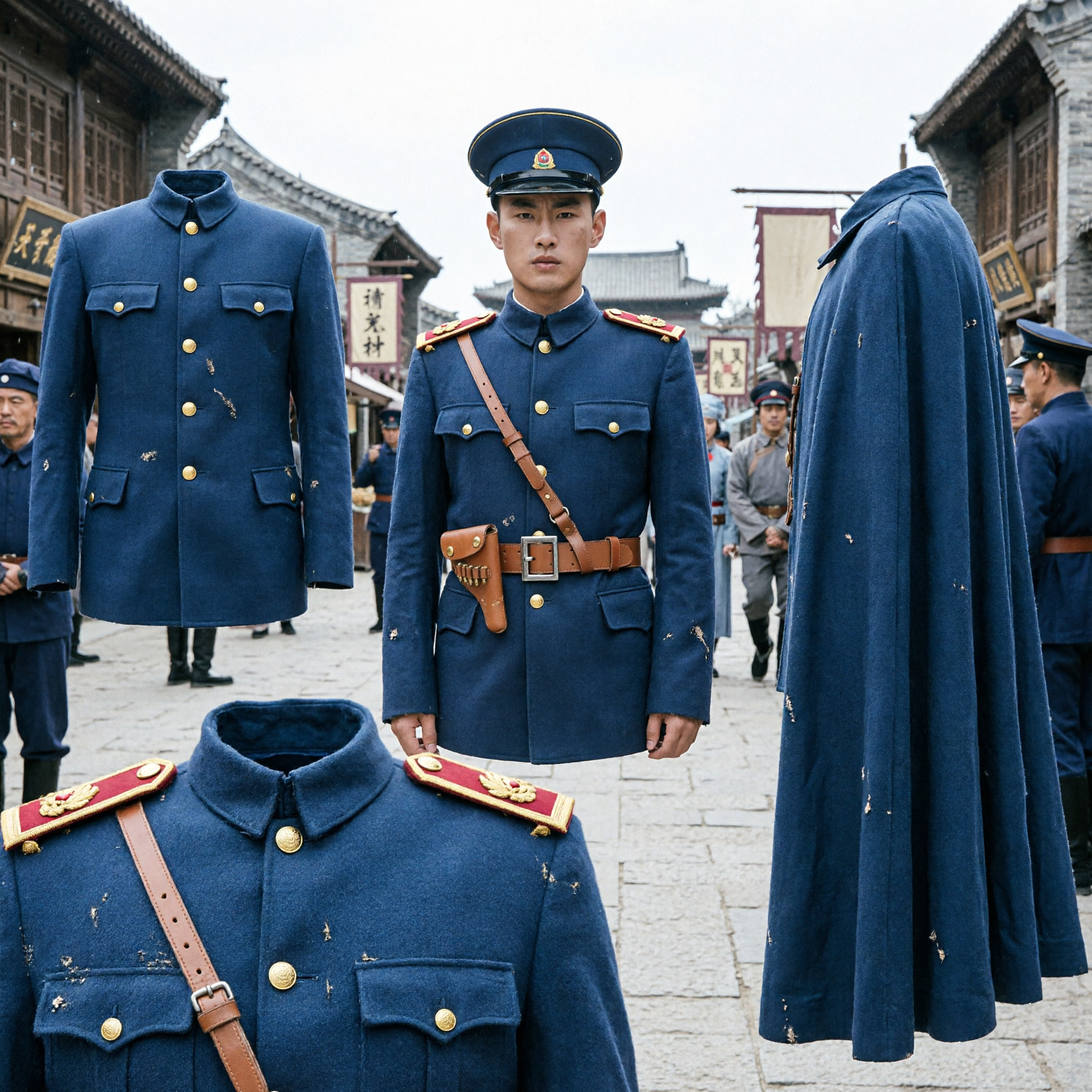 Men's Chinese Republican Era Warlord Military Uniform Costume Complete Set with Blue Cape and Cap