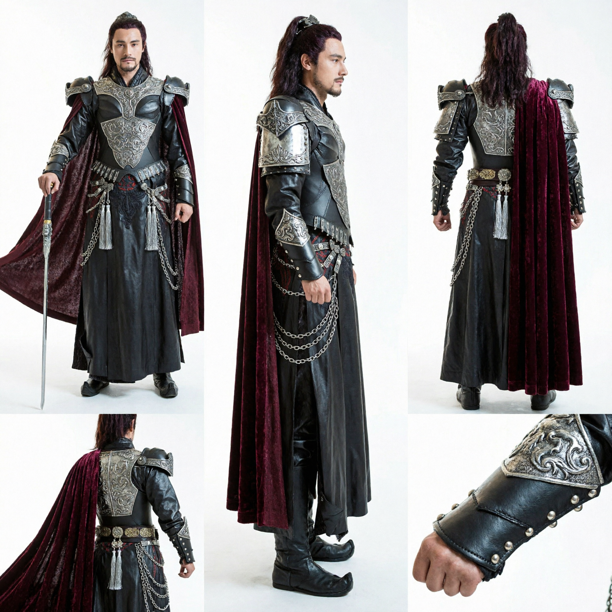 Men's Ancient Chinese Warrior General Costume Black Armor Robe with Red Cape for Cosplay Performance