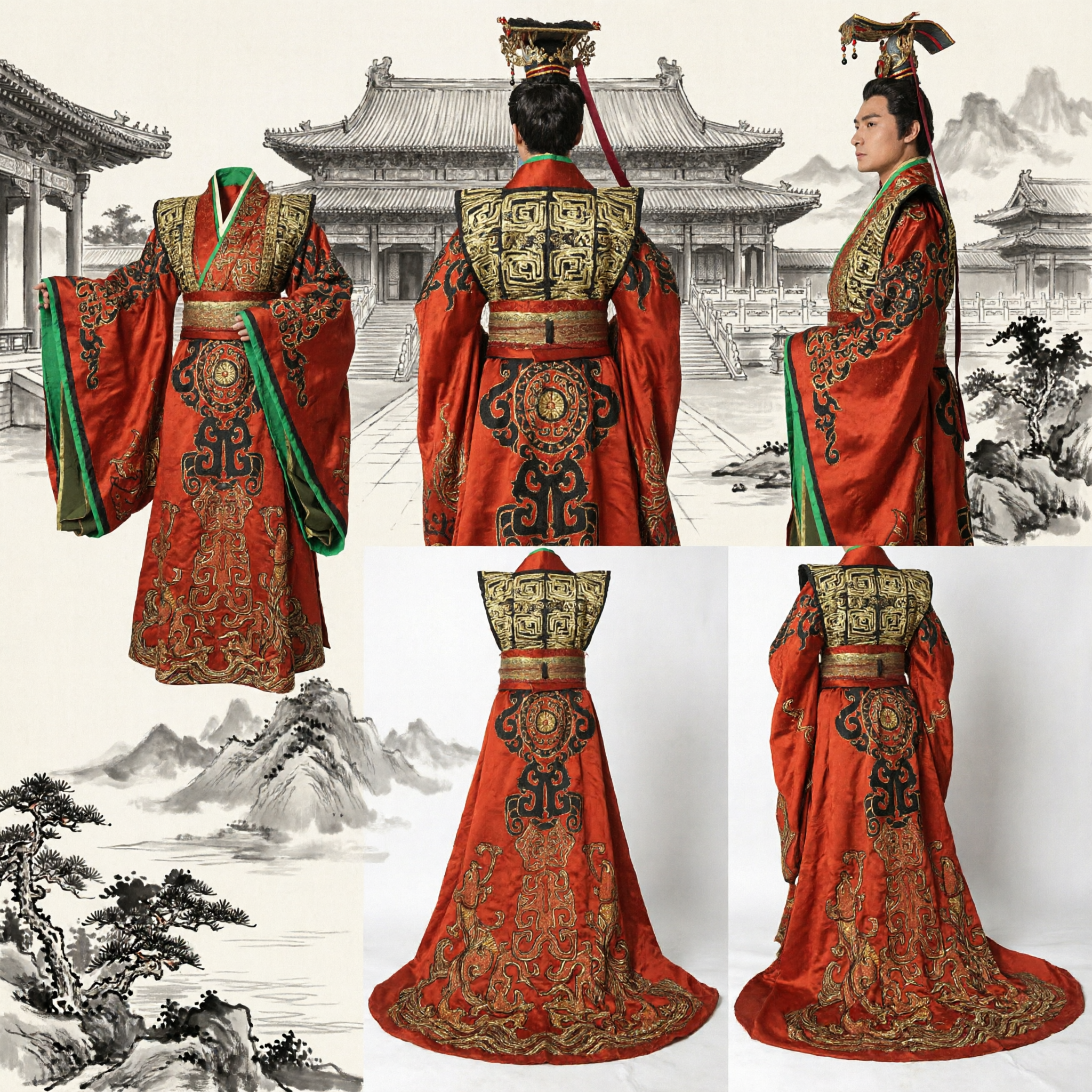 Traditional Men's Ancient Chinese Qin Dynasty Emperor Costume Red Embroidered Robe Hanfu for Stage Performance