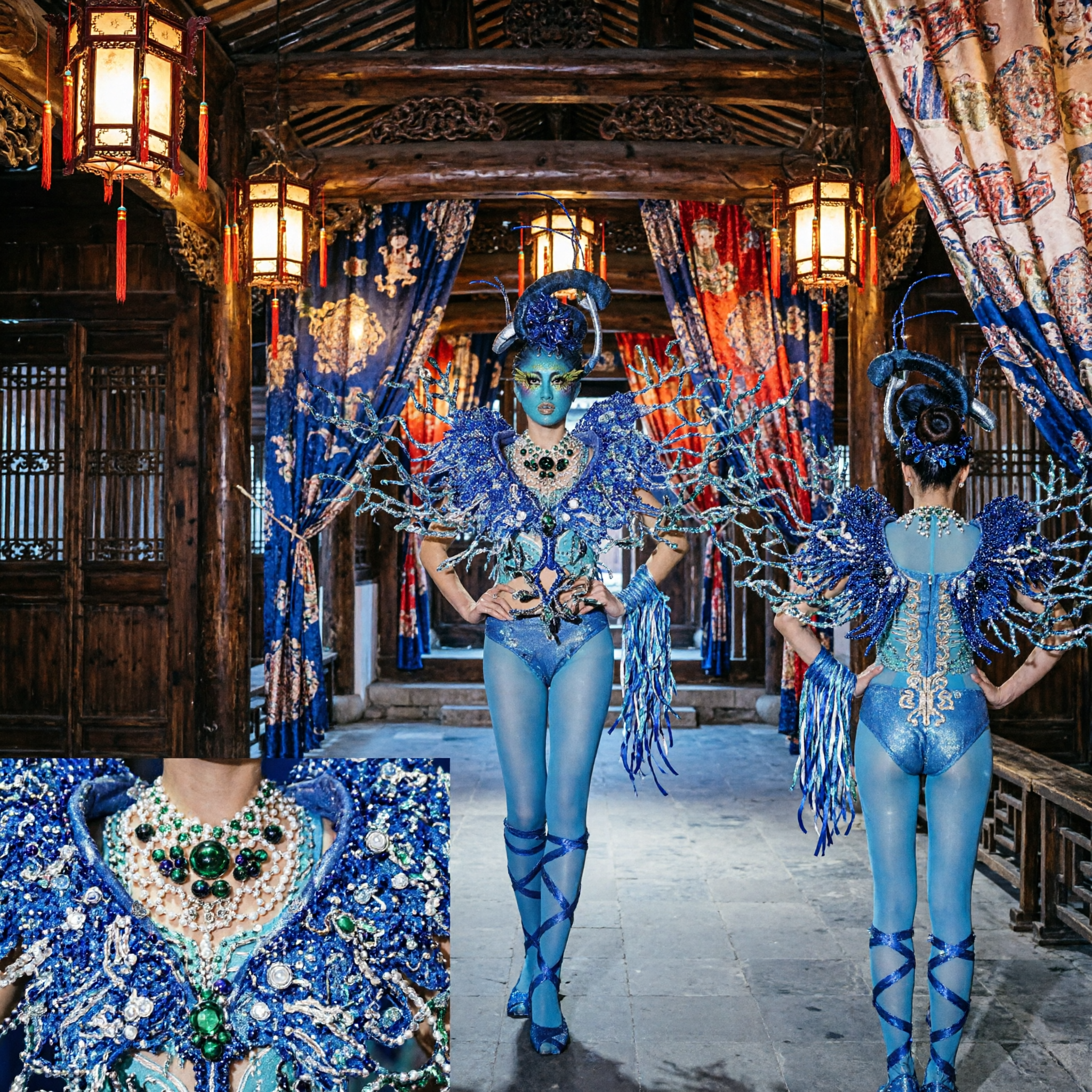 Women's Blue Sequin Carnival Costume with Feather Headdress and Crystal Wings for Stage Dance Performance