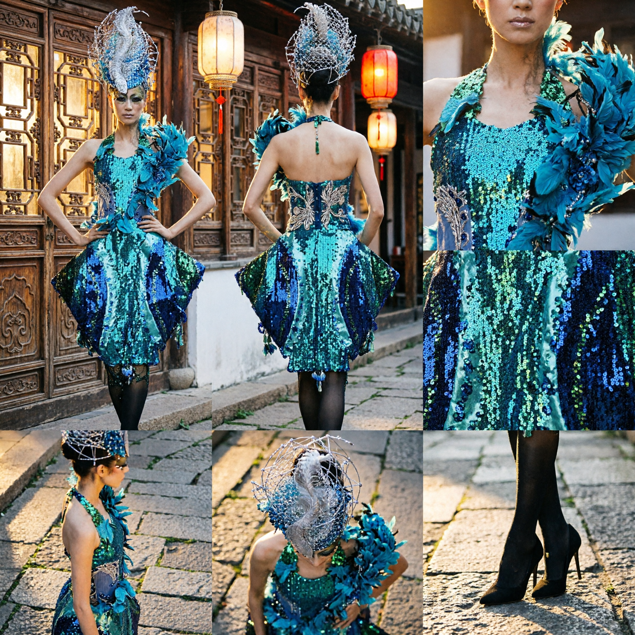 Women's Elaborate Blue Peacock Showgirl Costume with Feather Headdress for Carnival and Stage Performance