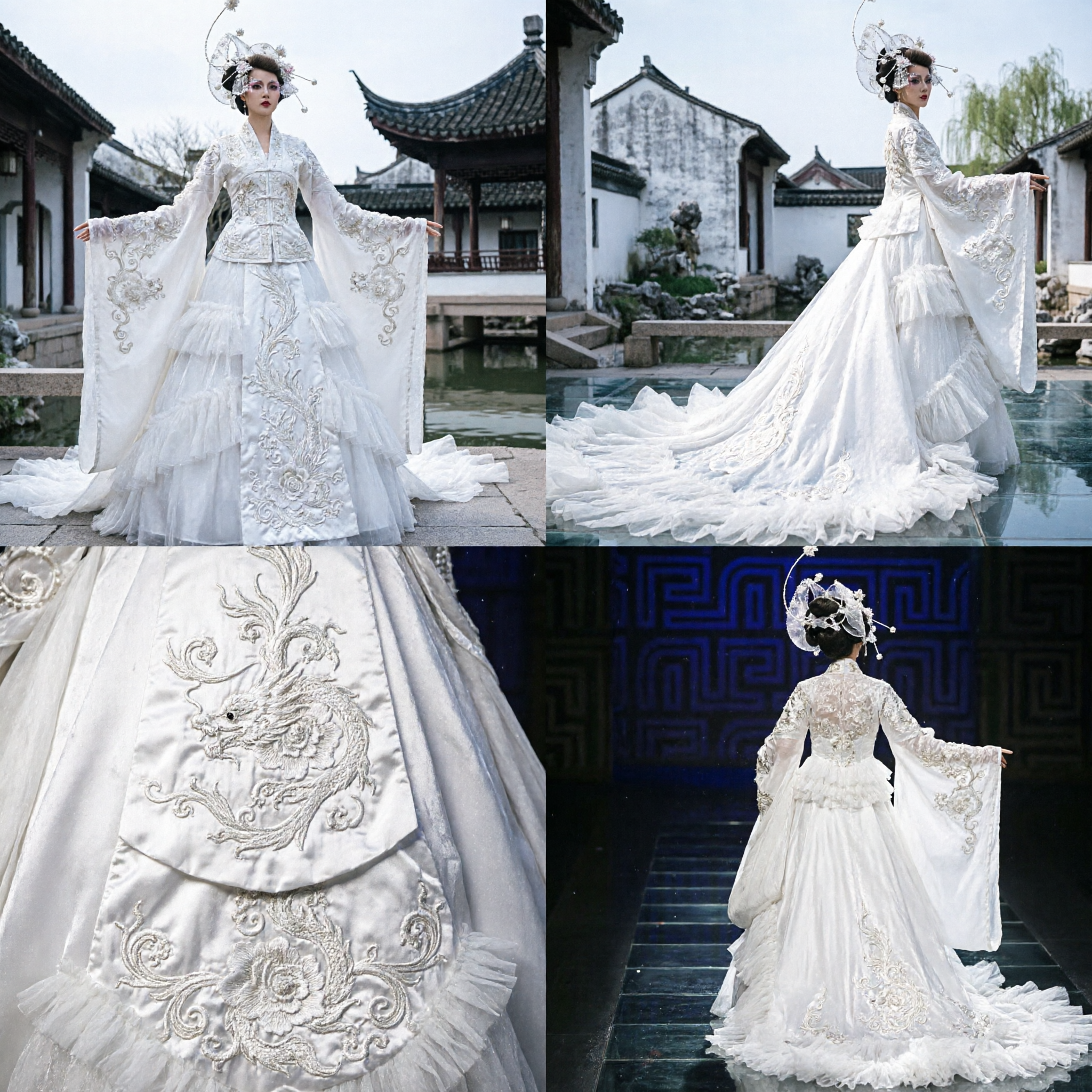Elegant White Chinese Avant-Garde Bridal Gown with Dramatic Flowing Sleeves and Ornate Headpiece for Stage Performance