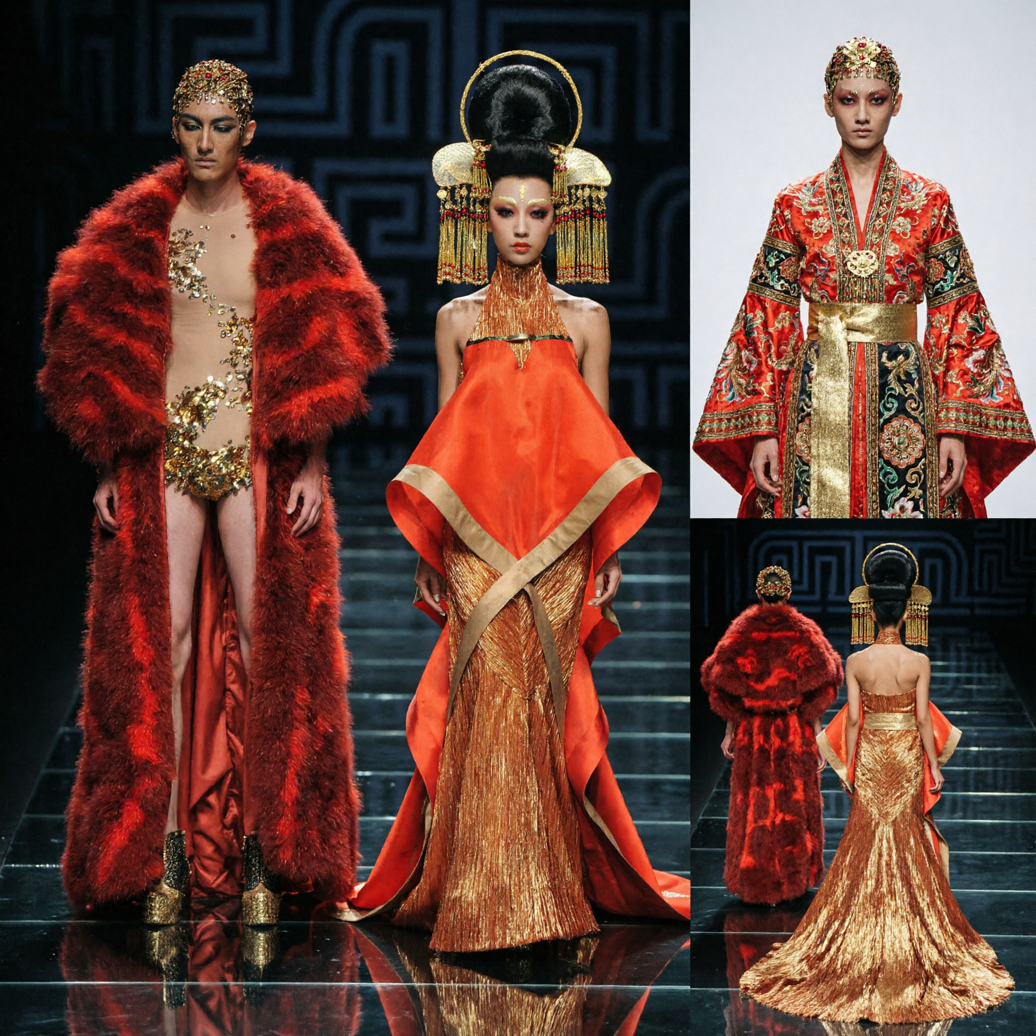 Avant-Garde Chinese Traditional Stage Costume Orange and Gold Gown with Phoenix Headpiece for Runway Performance