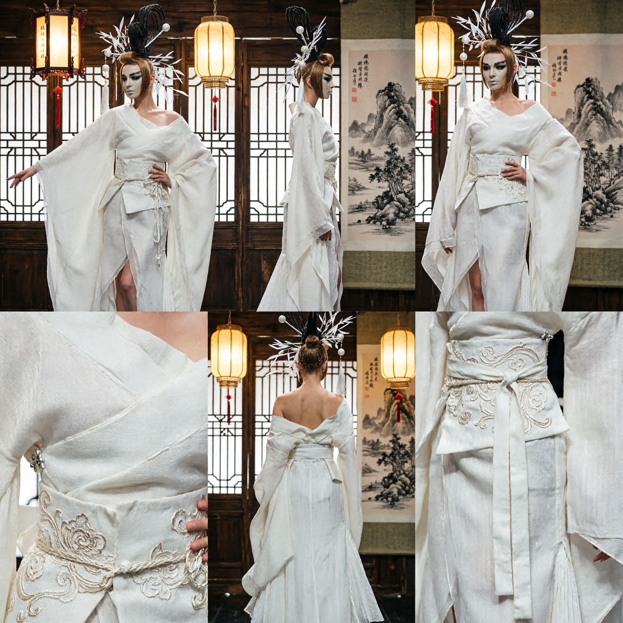 Luxury Silver Sequin Chinese Wedding Dress with Gold Embroidered Cape for Bridal Toast and Gala