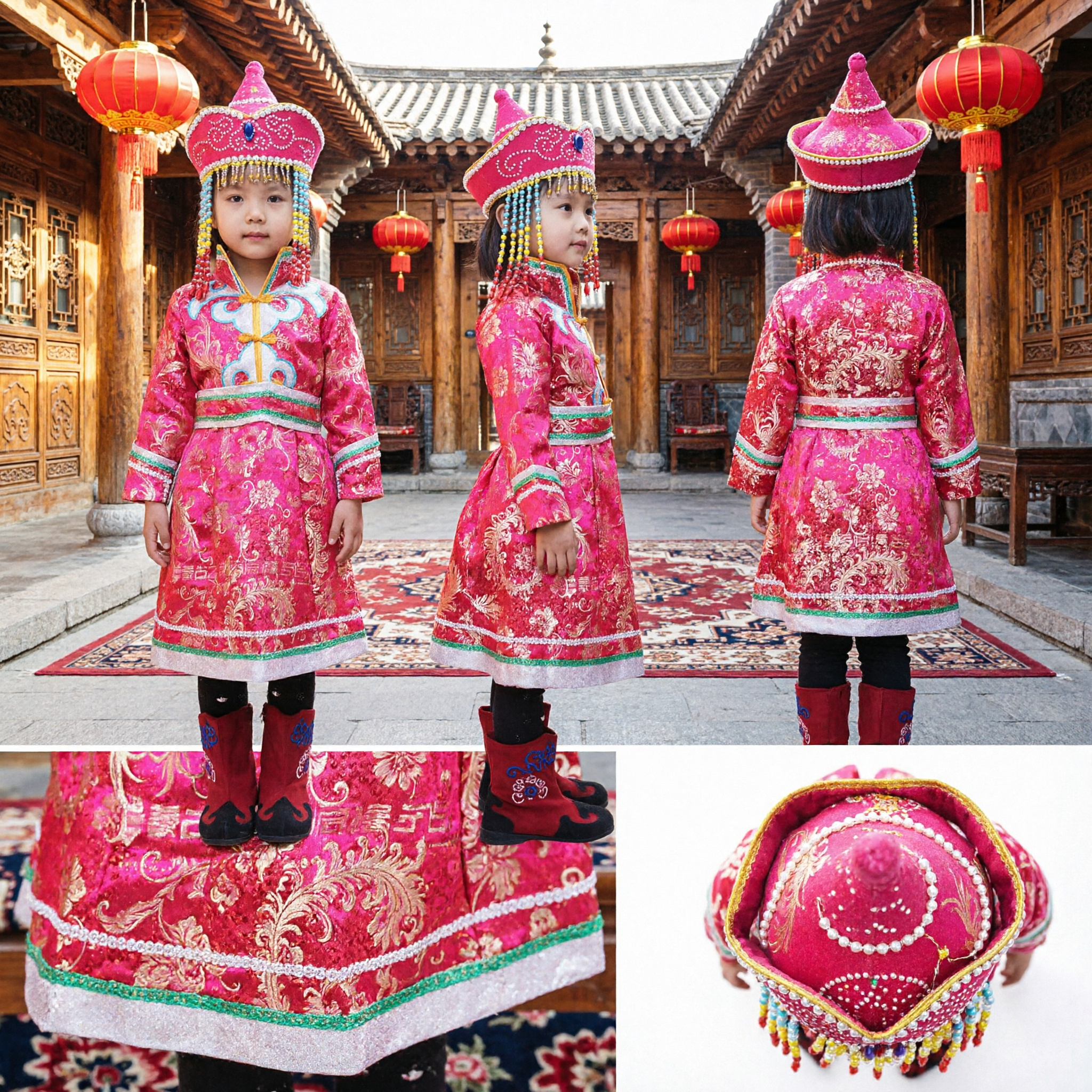 Girls Pink Mongolian Traditional Dance Costume Kids Ethnic Robe with Hat and Boots for Stage Performance