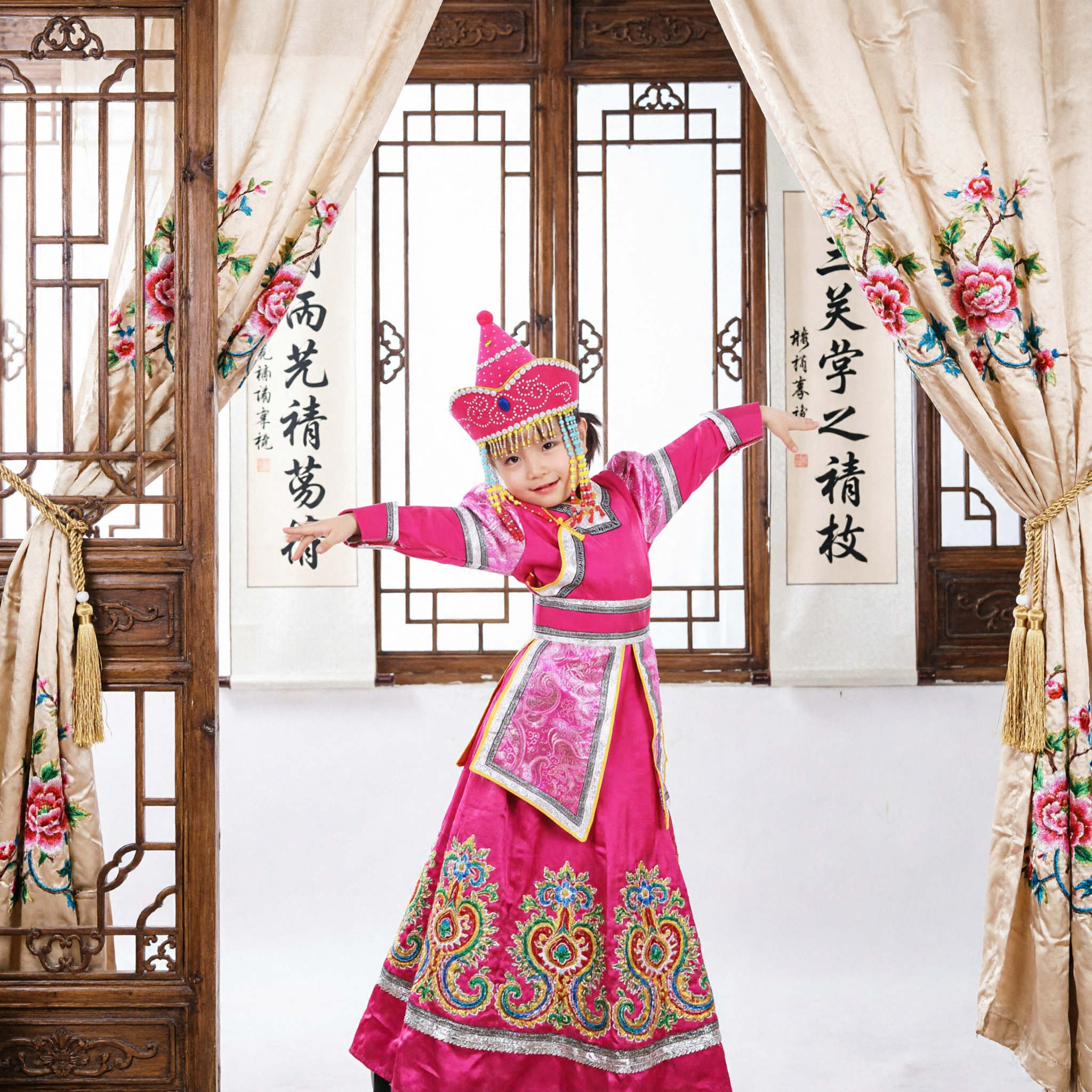 Pink Mongolian Traditional Dance Costume for Kids Girls Ethnic Minority Stage Performance Outfit with Hat
