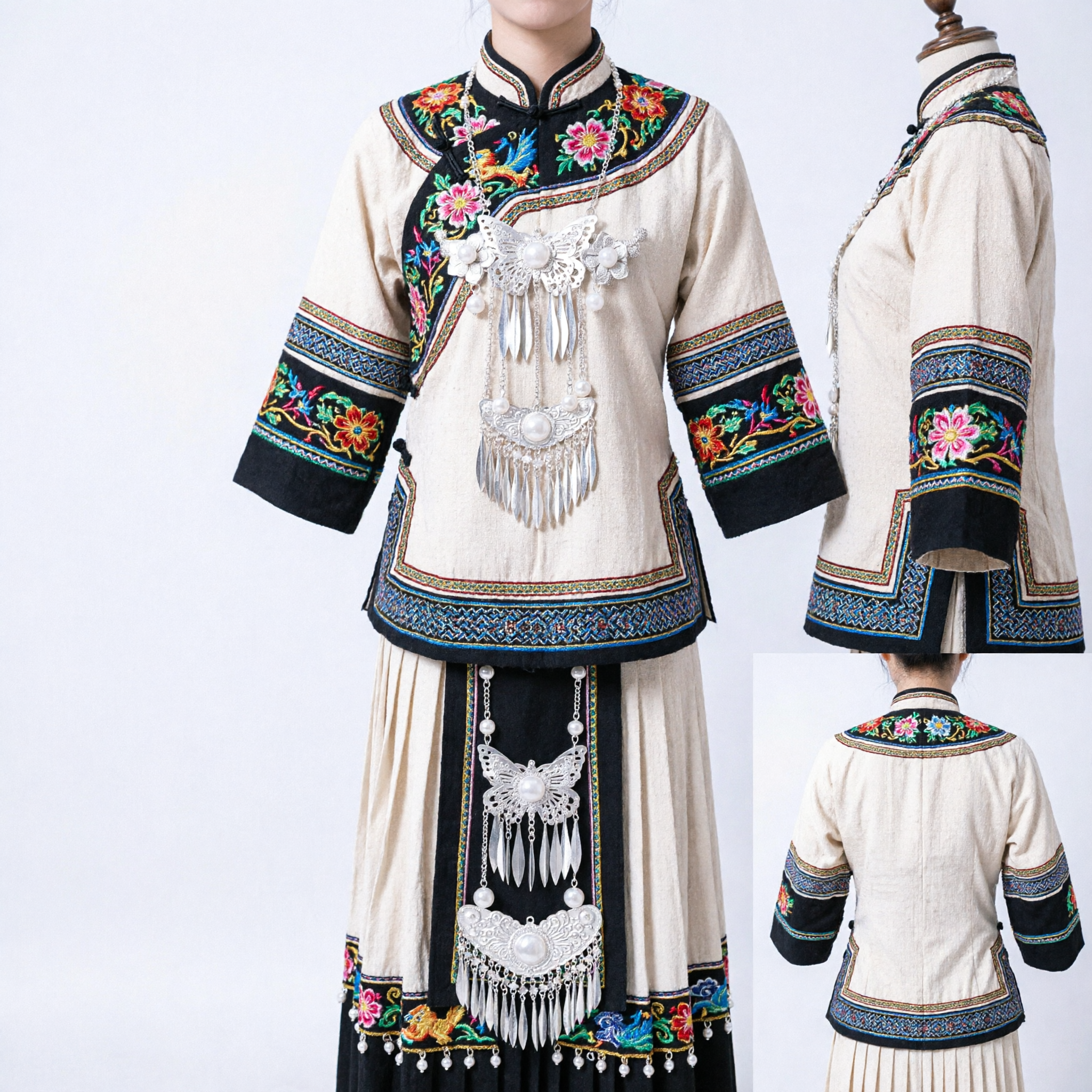 Exquisite Traditional Chinese Silver Butterfly Hairpin with Floral Accents and Dangling Chains for Hanfu Women