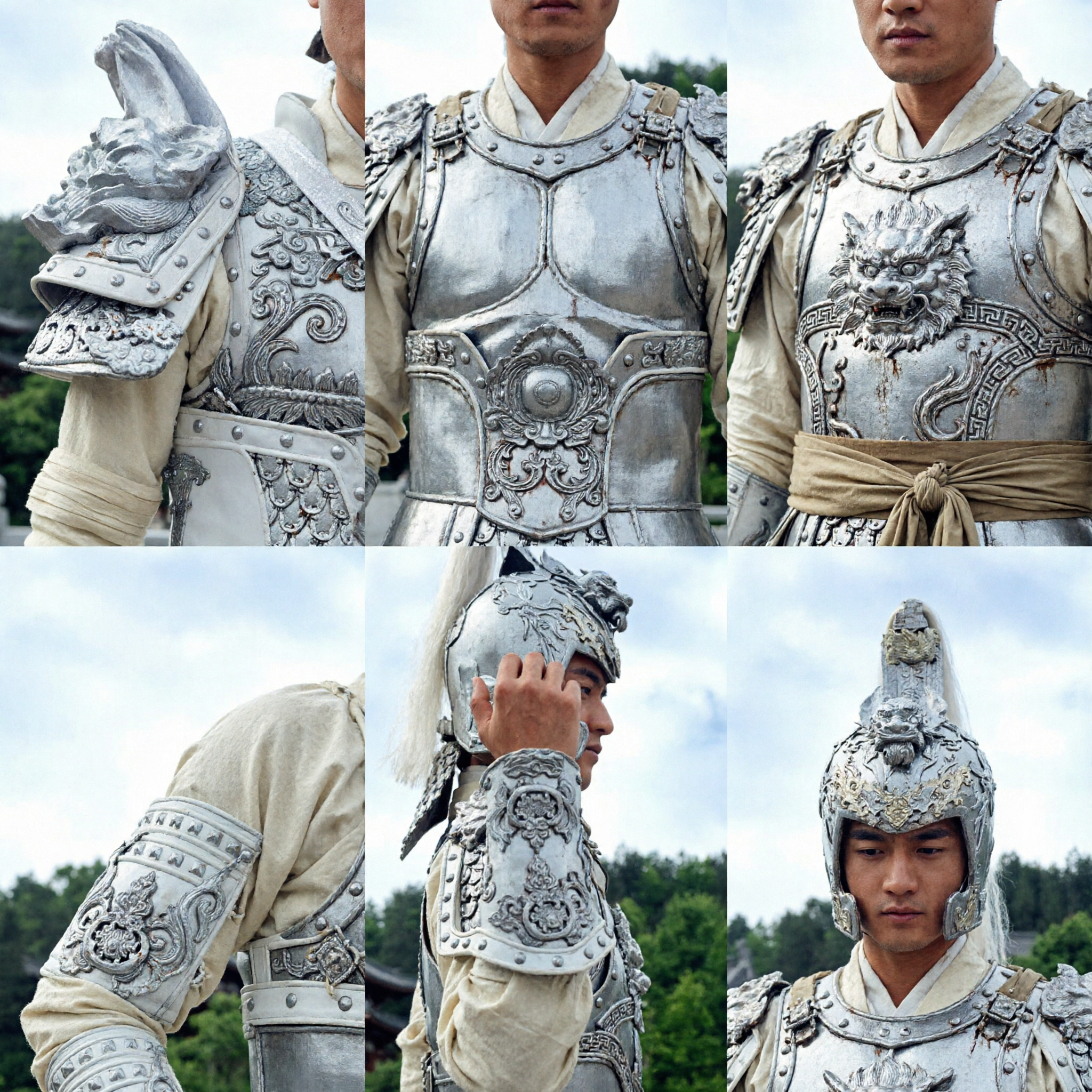 Ancient Chinese General Silver White Armor Costume Complete Set for Men Historical Cosplay Performance