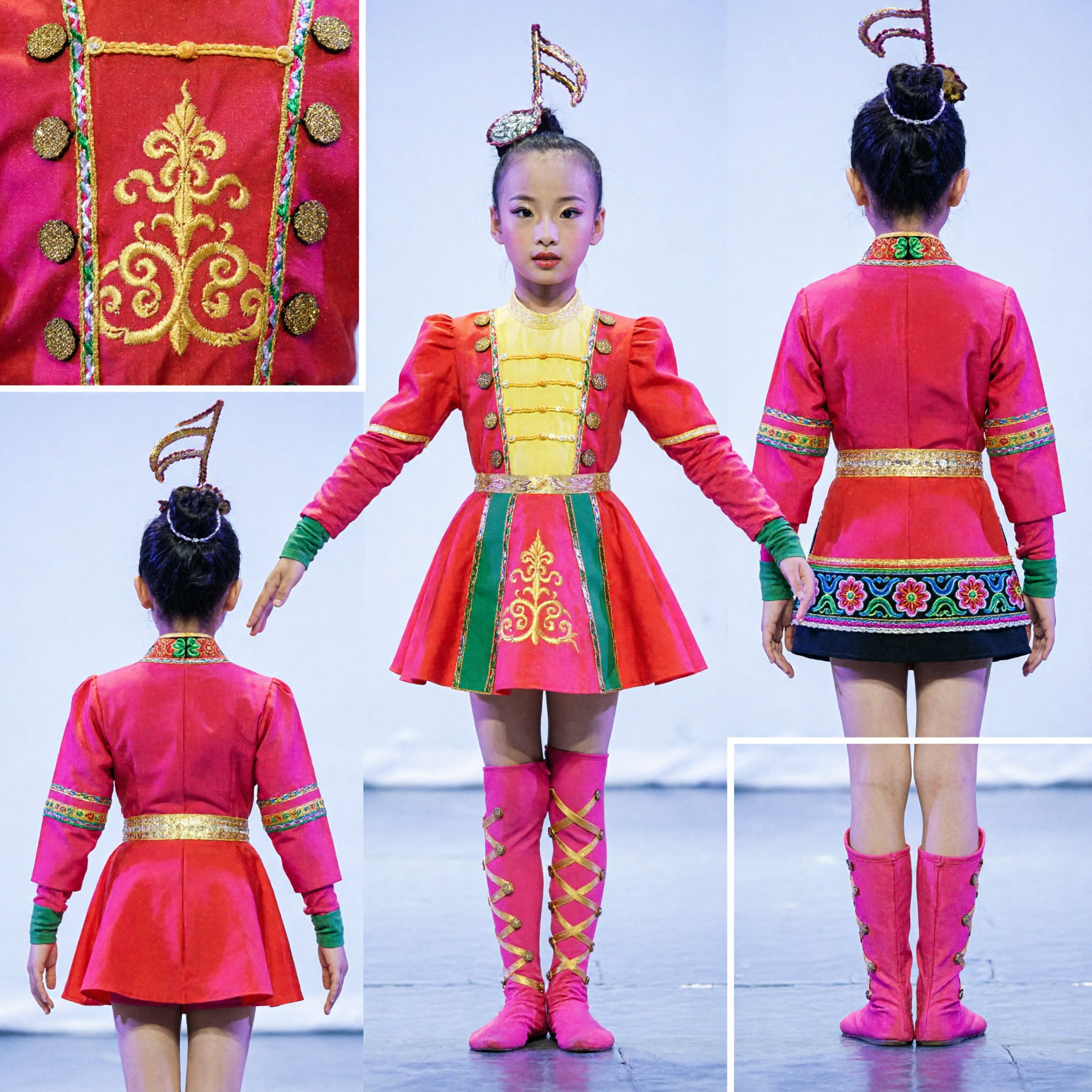 Traditional Chinese Folk Dance Costume for Kids Girls Pink Stage Performance Outfit with Boots