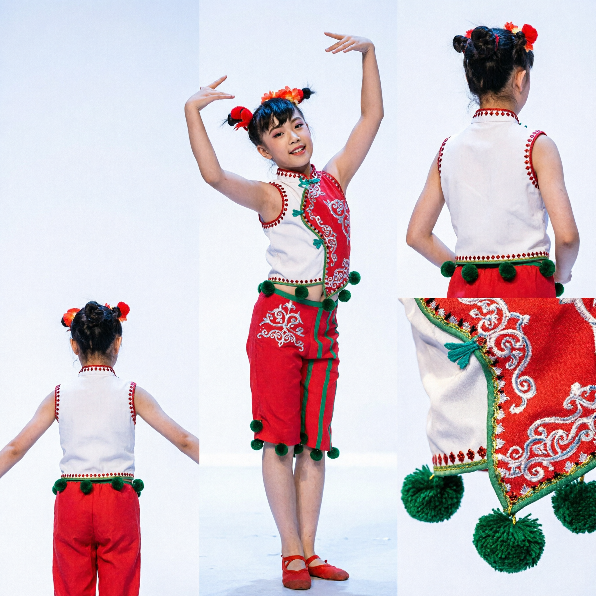 Traditional Chinese Folk Dance Costume Red Green Harvest Stage Performance Outfit for Women and Girls