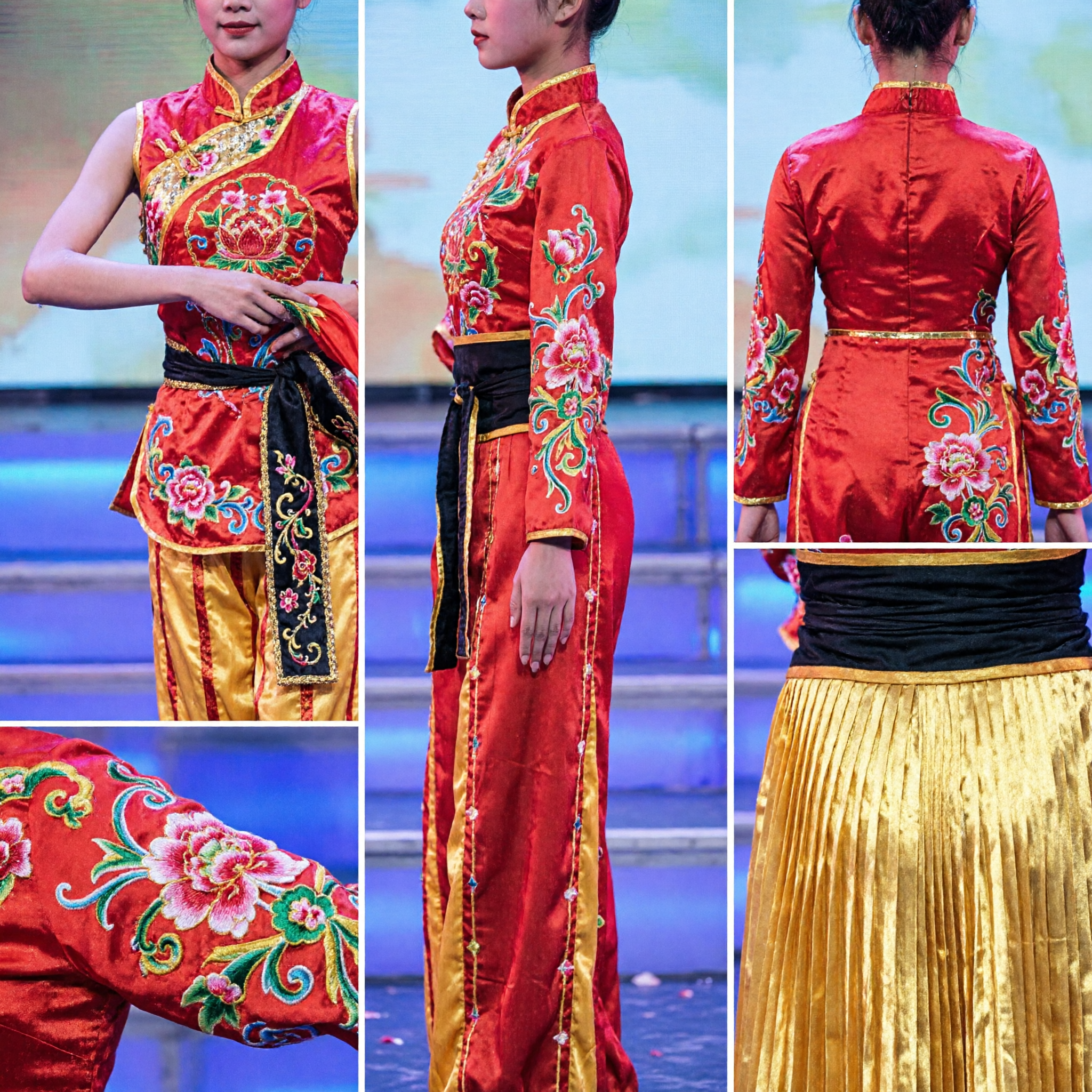 Traditional Chinese Waist Drum Dance Costume for Girls Red and Yellow Folk Performance Outfit Set