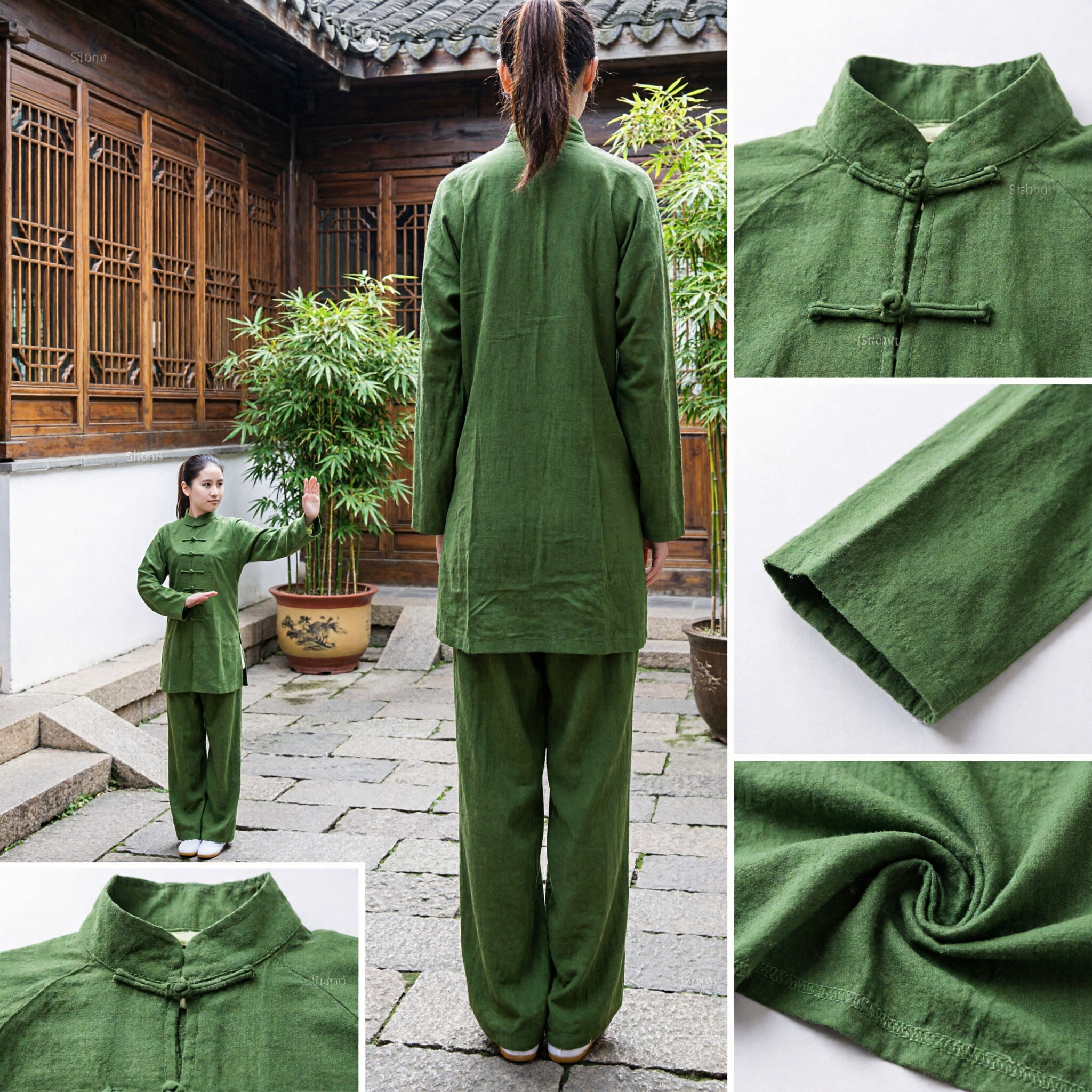 Women's Traditional Green Linen Tai Chi Uniform Kung Fu Suit for Martial Arts Training and Performance