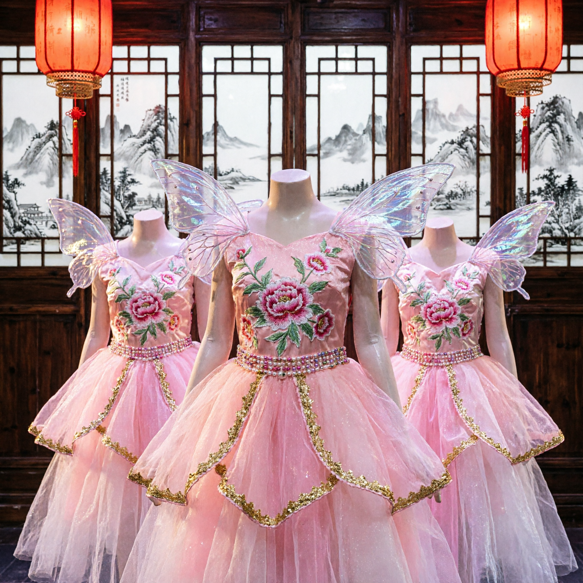 Pink Lotus Flower Dance Costume Chinese Traditional Stage Performance Group Dance Outfit with Headpiece and Props