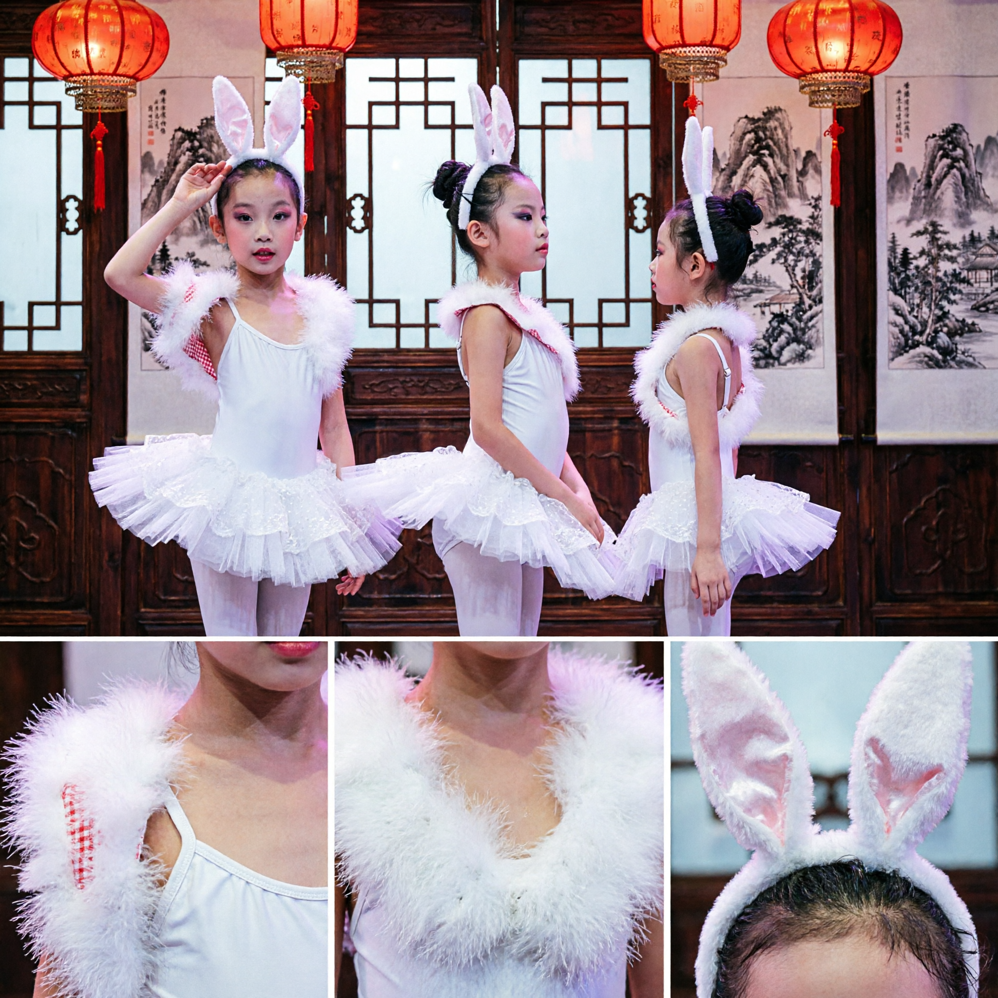 Kids Girls White Rabbit Dance Costume with Ears and Tutu Skirt for Stage Performance