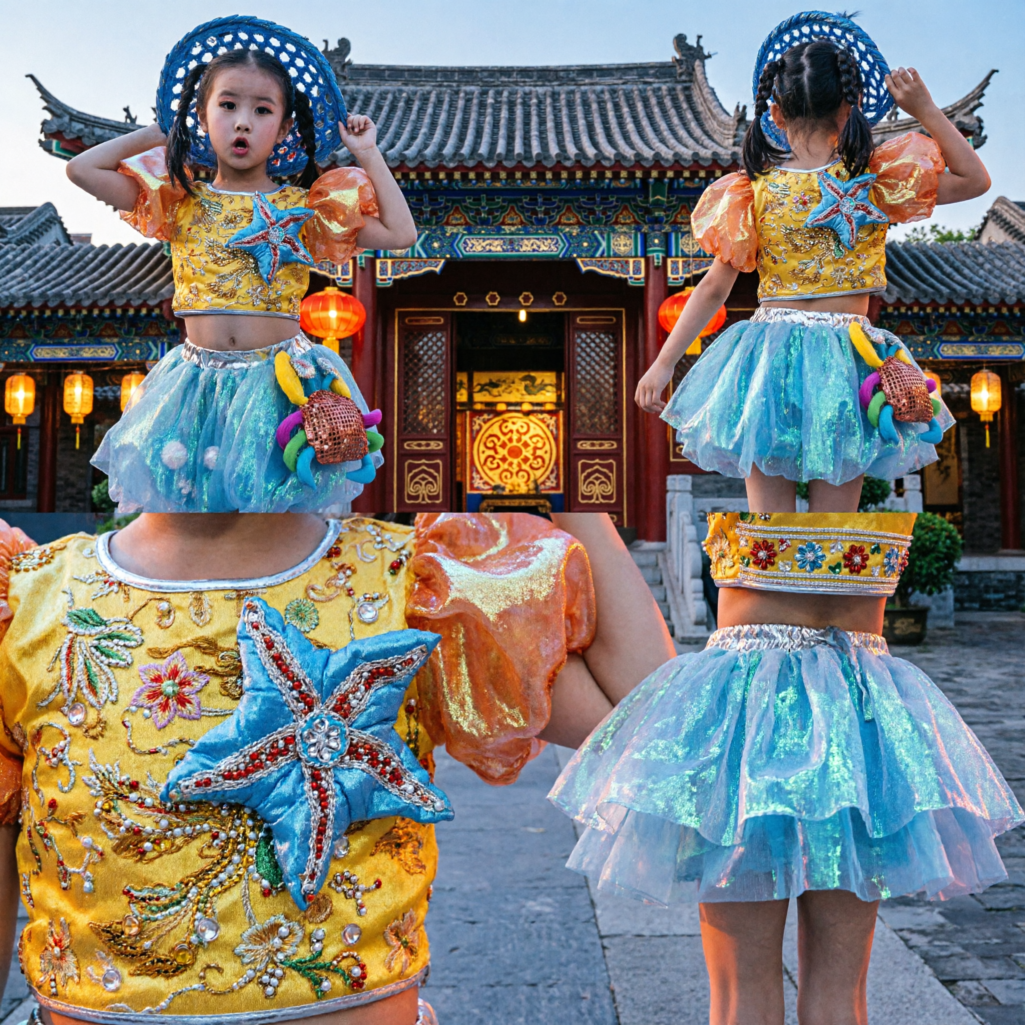 Girls Ocean Theme Mermaid Dance Costume Yellow Sequin Top Blue Tutu Skirt and Hat Set