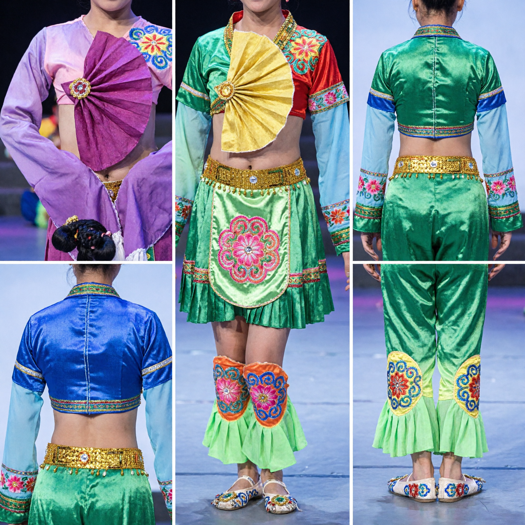 Colorful Traditional Chinese Folk Dance Costume for Girls Kids Yangge Fan Dance Performance Outfit with Headpiece