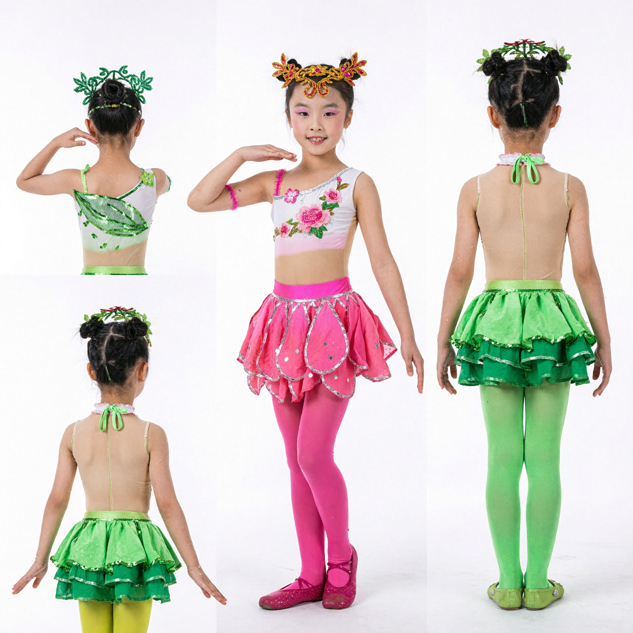 Kids Girls Flower and Leaf Dance Costume Stage Performance Wear Traditional Chinese Folk Dance Outfit